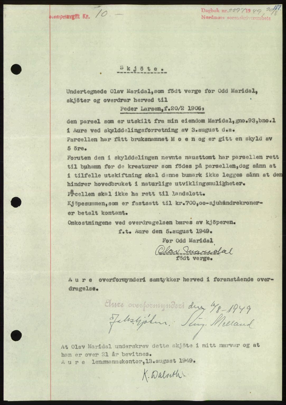 Nordmøre sorenskriveri, AV/SAT-A-4132/1/2/2Ca: Mortgage book no. A112, 1949-1949, Diary no: : 2297/1949