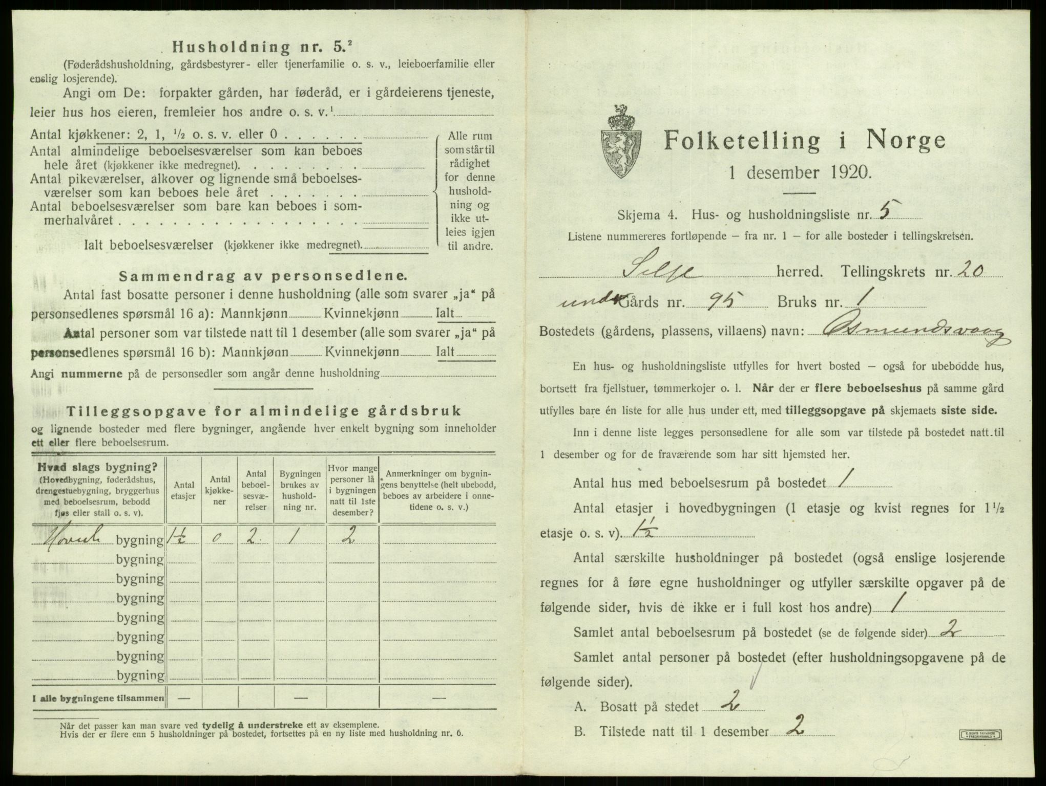 SAB, 1920 census for Selje, 1920, p. 1162