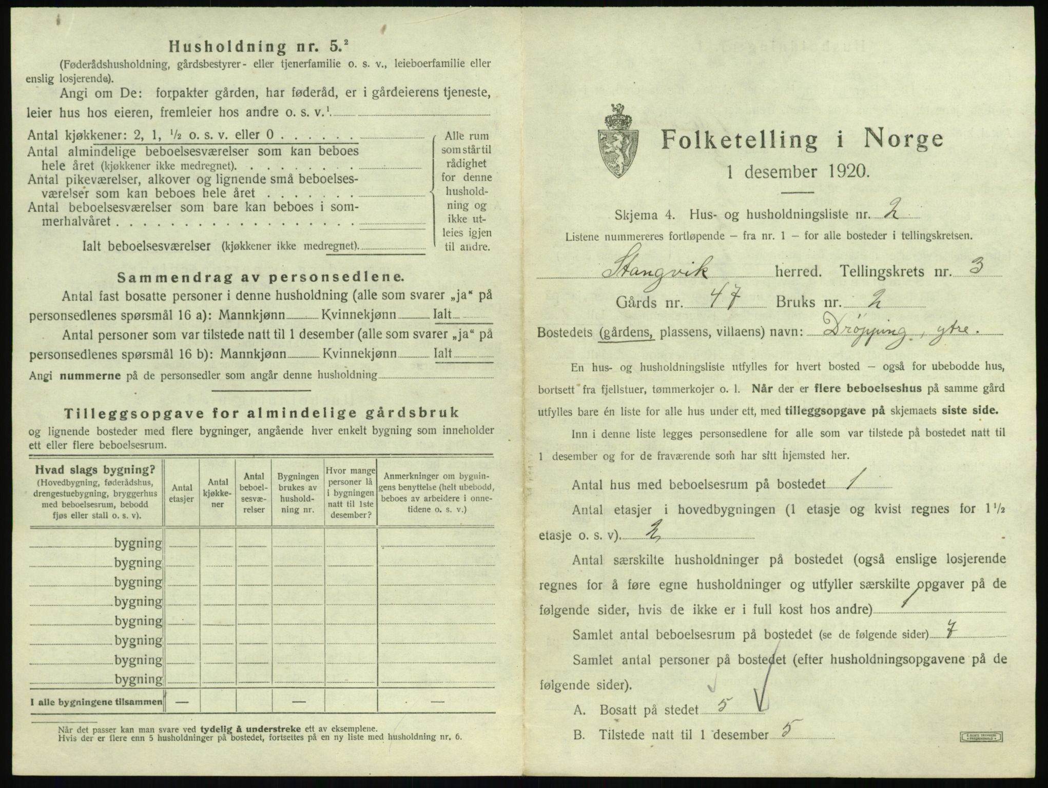 SAT, 1920 census for Stangvik, 1920, p. 240