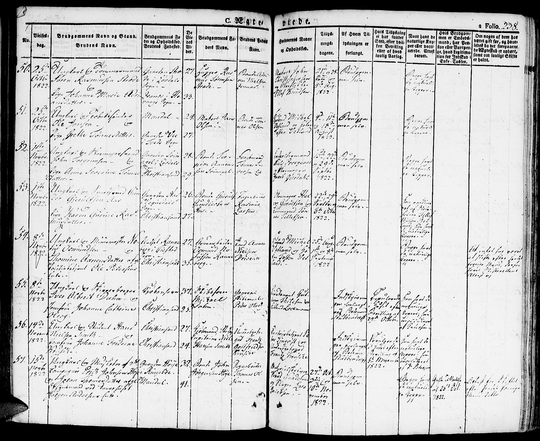 Kristiansand domprosti, SAK/1112-0006/F/Fa/L0009: Parish register (official) no. A 9, 1821-1827, p. 238
