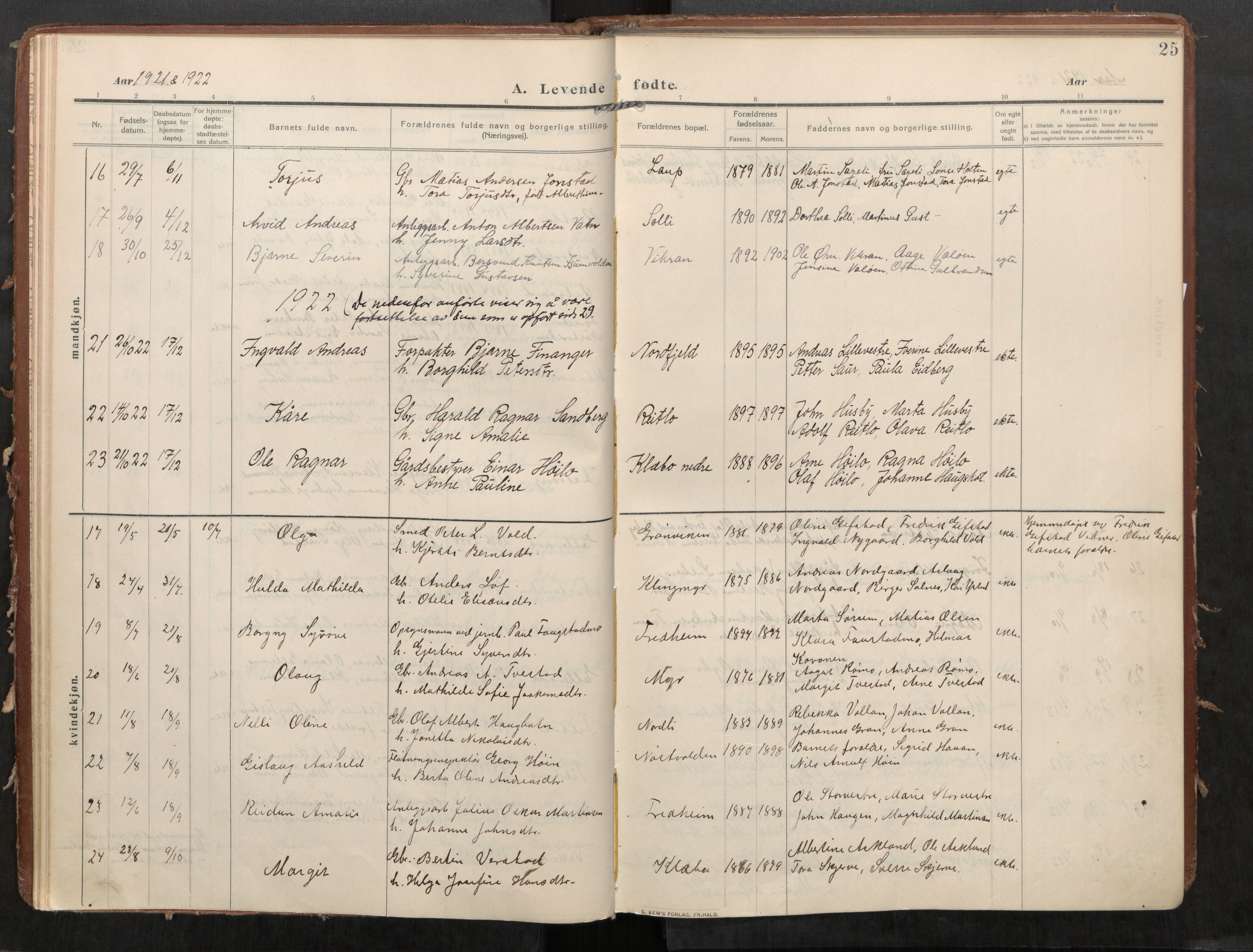 Stod sokneprestkontor, AV/SAT-A-1164/1/I/I1/I1a/L0002: Parish register (official) no. 2, 1909-1922, p. 25