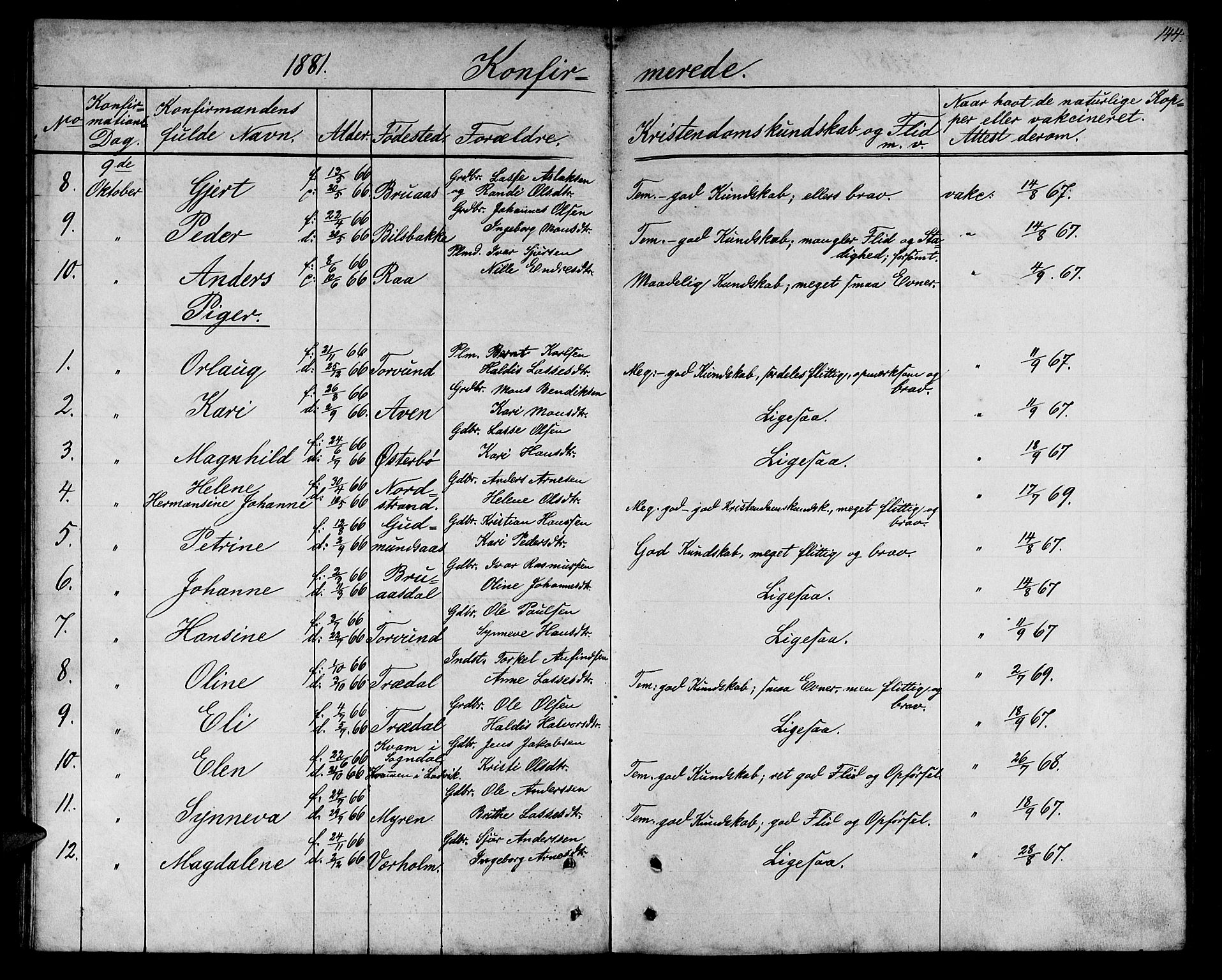 Lavik sokneprestembete, SAB/A-80901: Parish register (copy) no. A 1, 1854-1881, p. 144