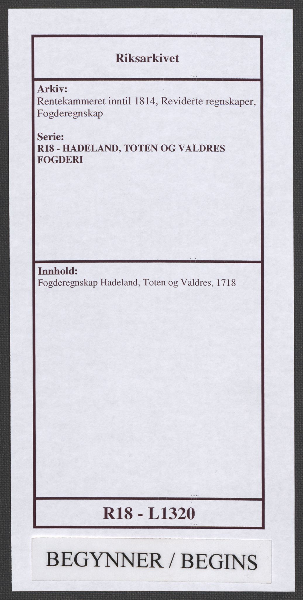 Rentekammeret inntil 1814, Reviderte regnskaper, Fogderegnskap, AV/RA-EA-4092/R18/L1320: Fogderegnskap Hadeland, Toten og Valdres, 1718, p. 1