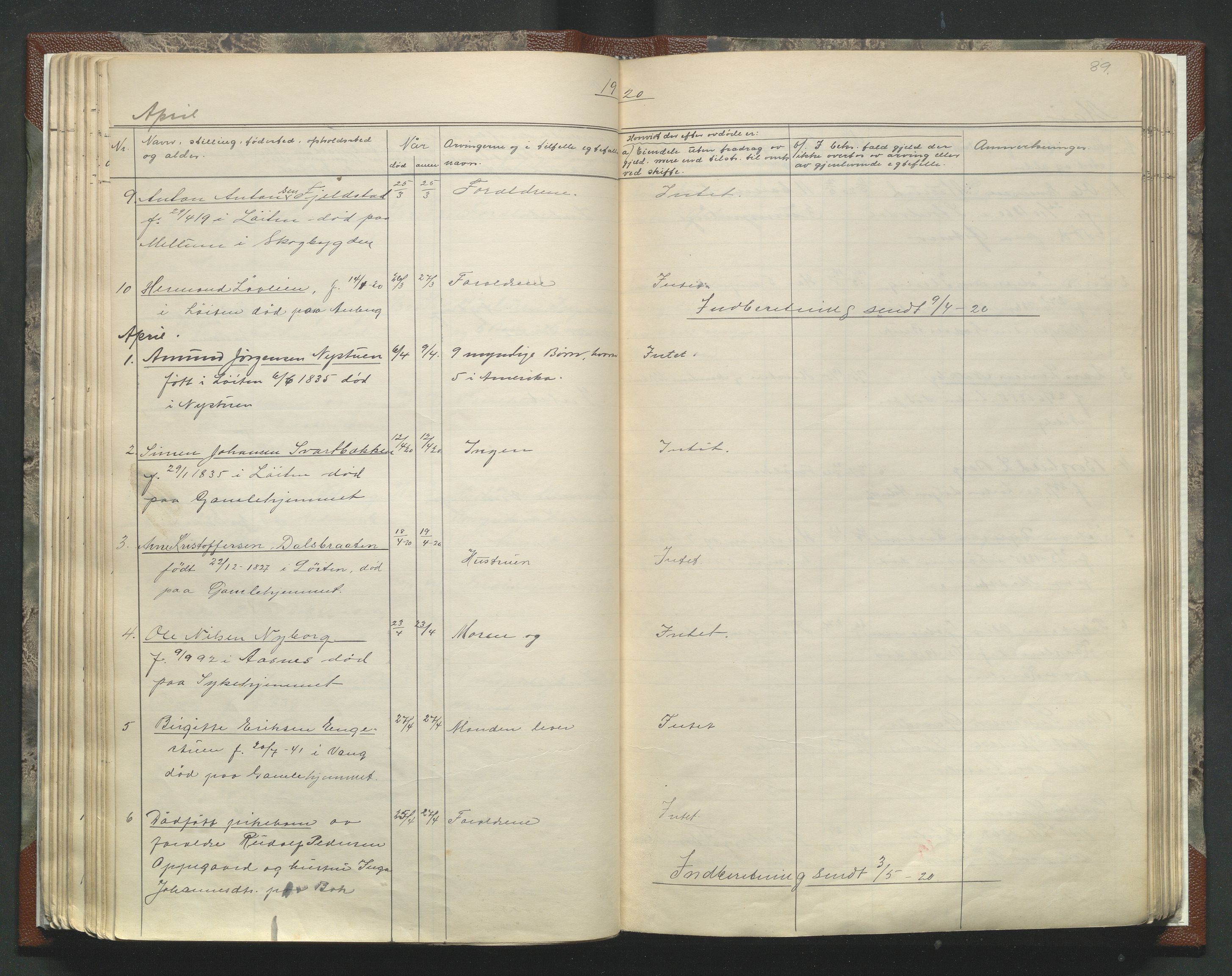 Løten lensmannskontor, AV/SAH-LHL-015/H/Ha/L0001/0002: Dødsfallsprotokoller / Dødsfallsprotokoll, 1906-1928, p. 89