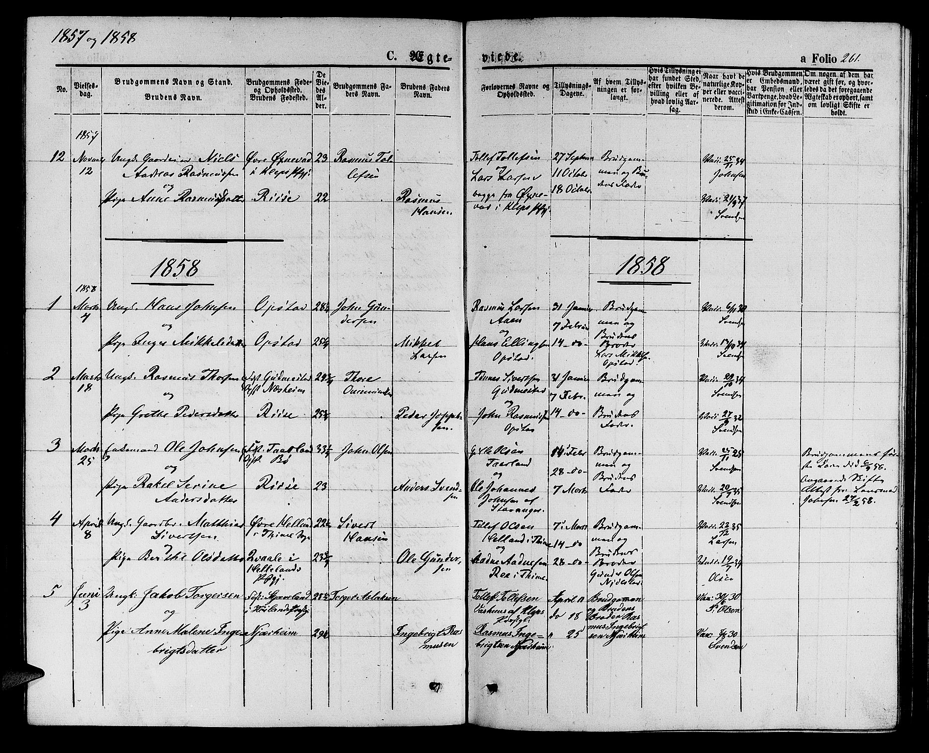 Hå sokneprestkontor, AV/SAST-A-101801/001/30BB/L0001: Parish register (copy) no. B 1, 1854-1883, p. 261