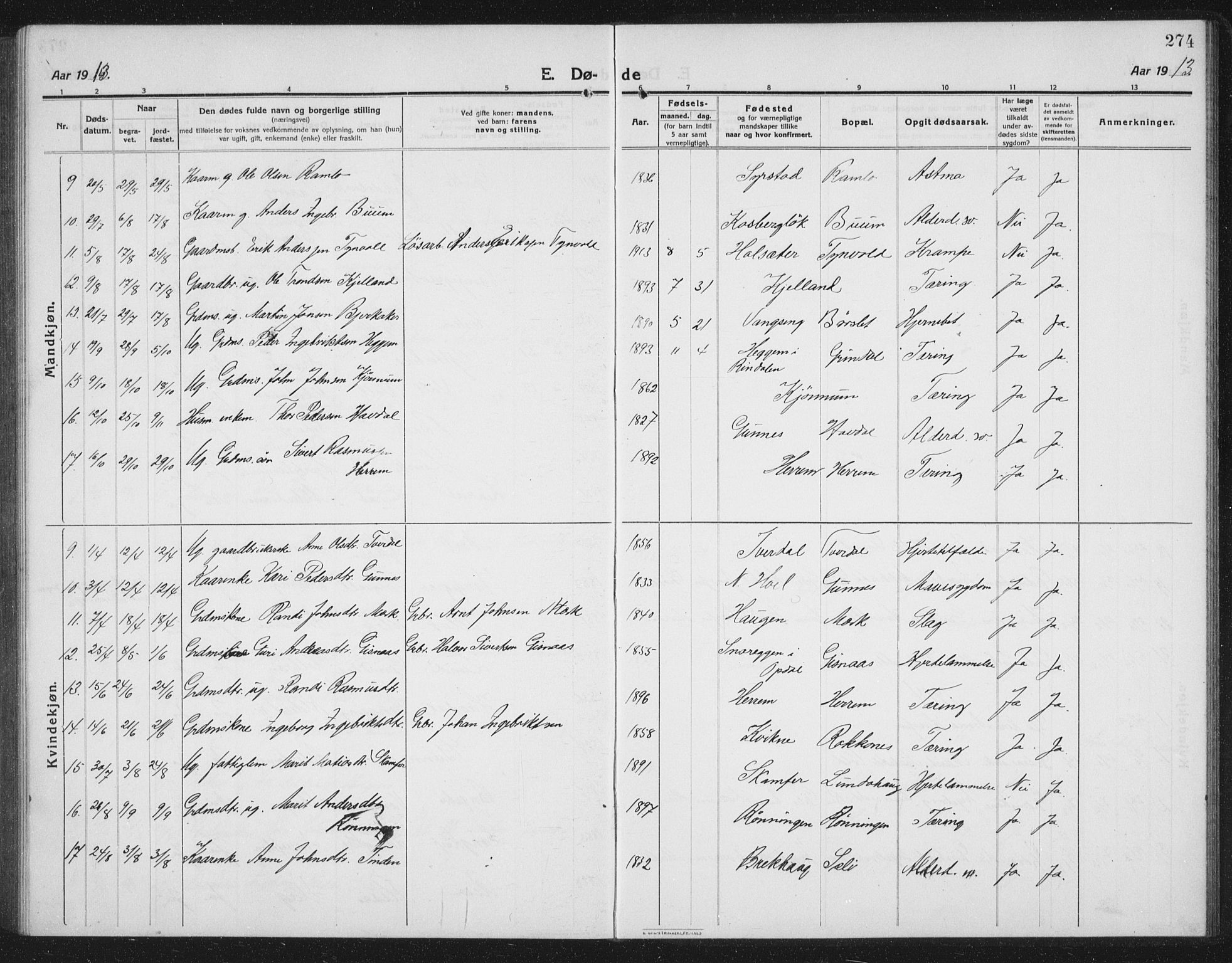 Ministerialprotokoller, klokkerbøker og fødselsregistre - Sør-Trøndelag, SAT/A-1456/674/L0877: Parish register (copy) no. 674C04, 1913-1940, p. 274