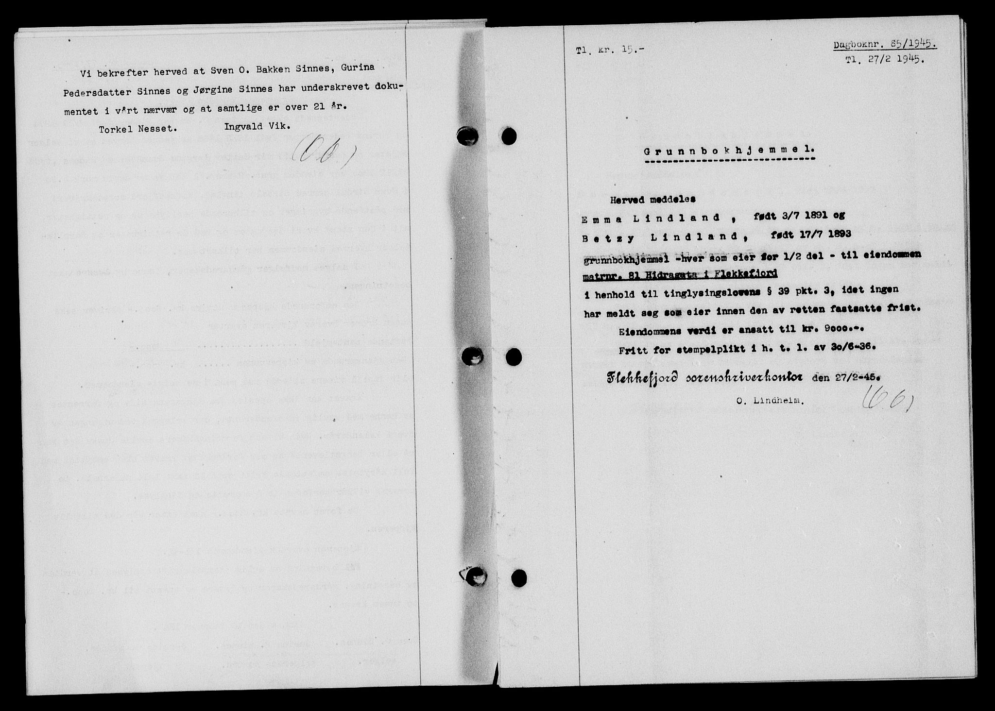 Flekkefjord sorenskriveri, SAK/1221-0001/G/Gb/Gba/L0059: Mortgage book no. A-7, 1944-1945, Diary no: : 85/1945