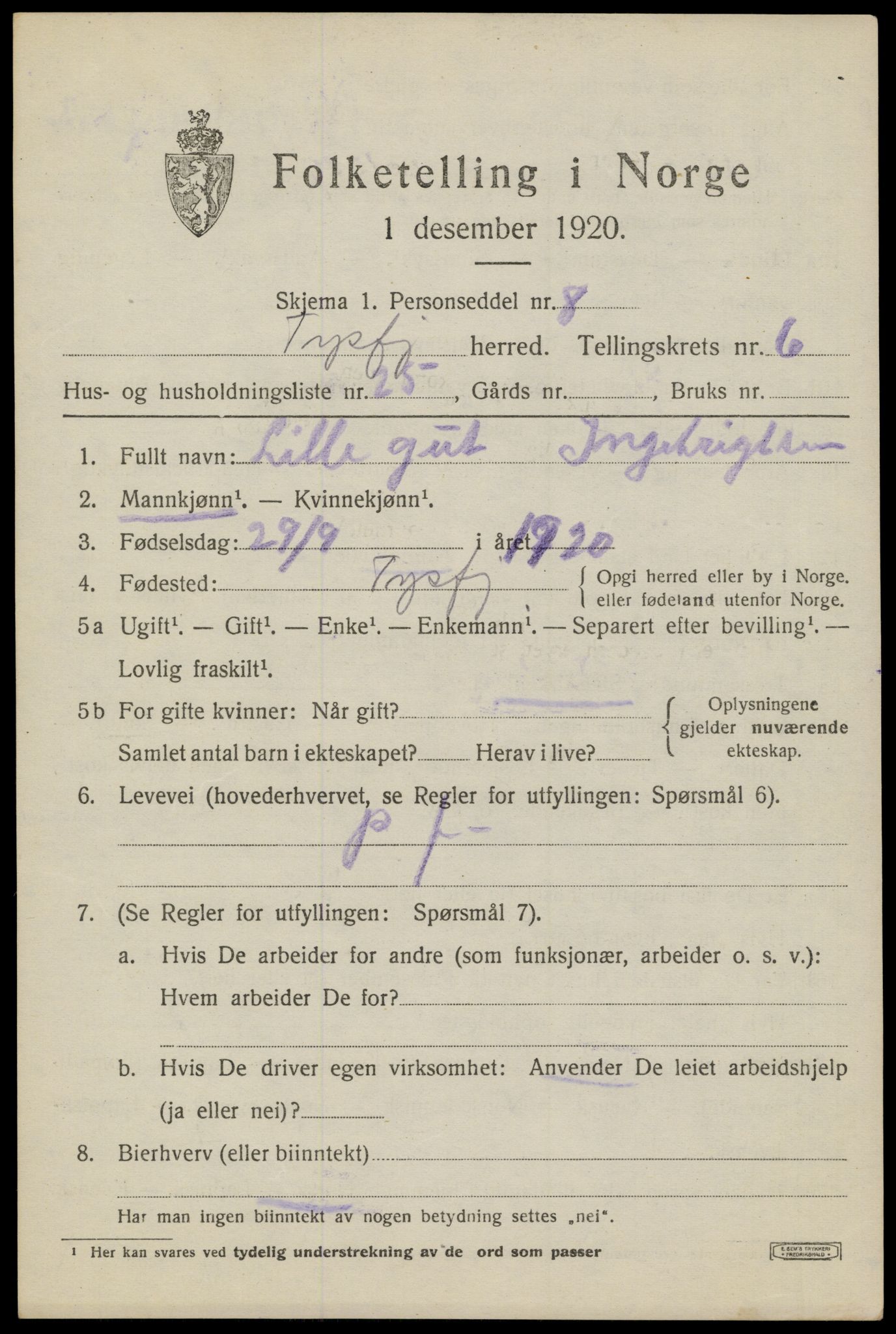 SAT, 1920 census for Tysfjord, 1920, p. 5141