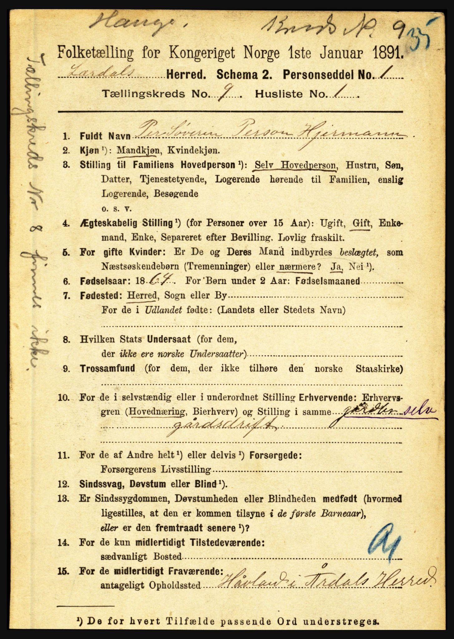 RA, 1891 census for 1422 Lærdal, 1891, p. 1380