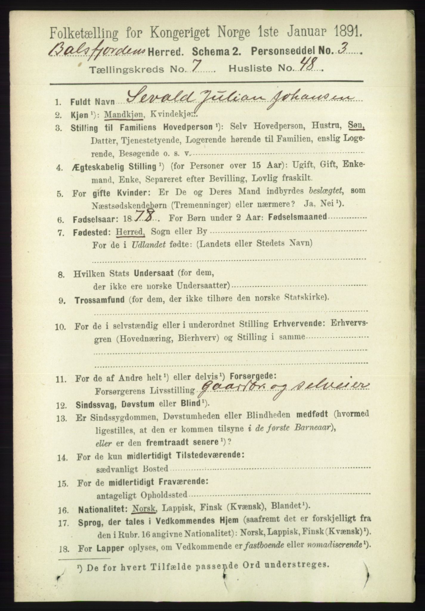 RA, 1891 census for 1933 Balsfjord, 1891, p. 2354