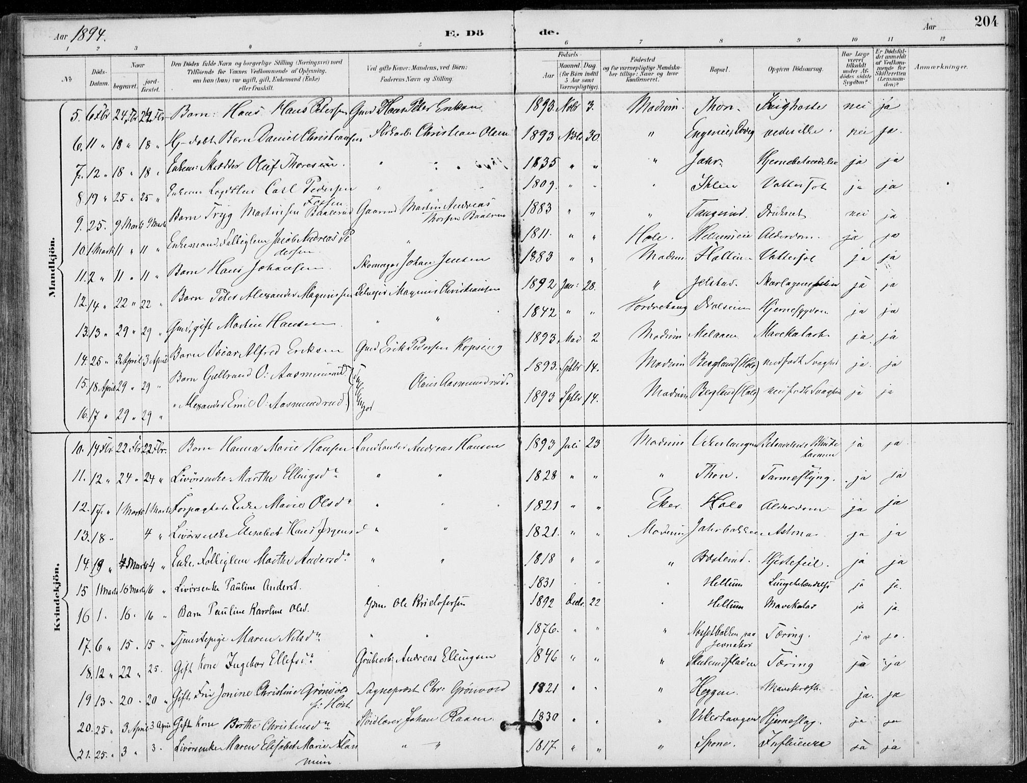 Modum kirkebøker, SAKO/A-234/F/Fa/L0012: Parish register (official) no. 12, 1890-1898, p. 204