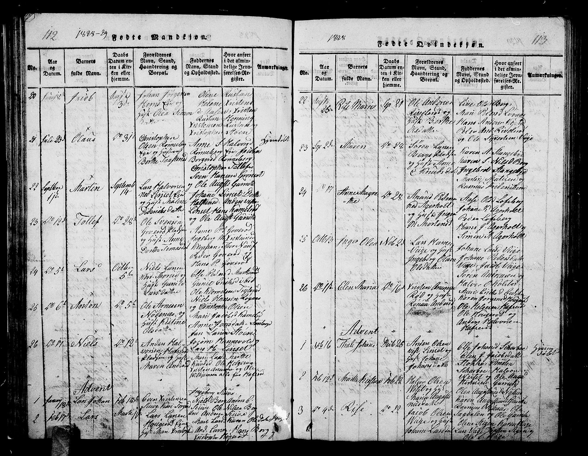 Hof kirkebøker, AV/SAKO-A-64/G/Ga/L0001: Parish register (copy) no. I 1, 1814-1844, p. 112-113