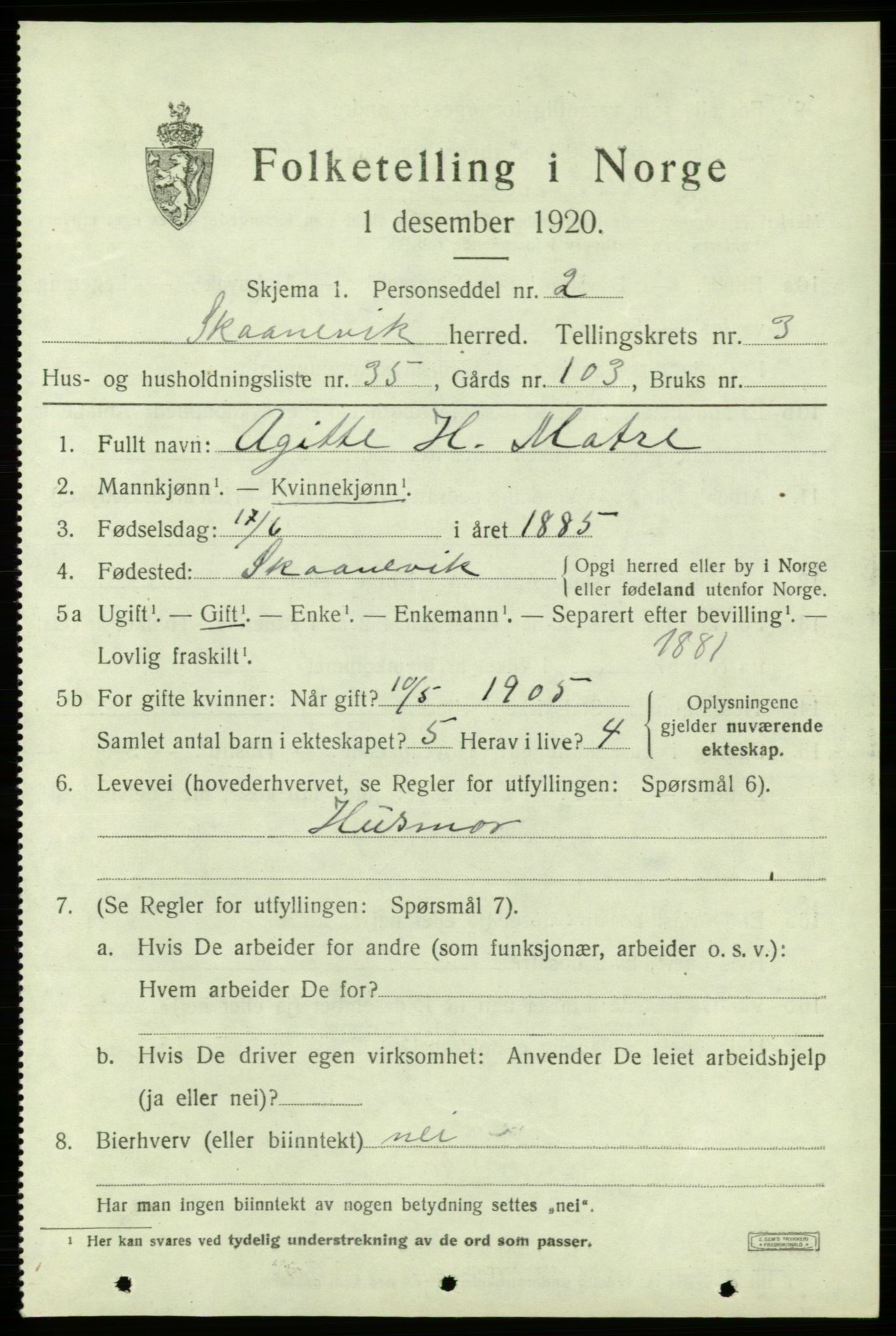 SAB, 1920 census for Skånevik, 1920, p. 3179