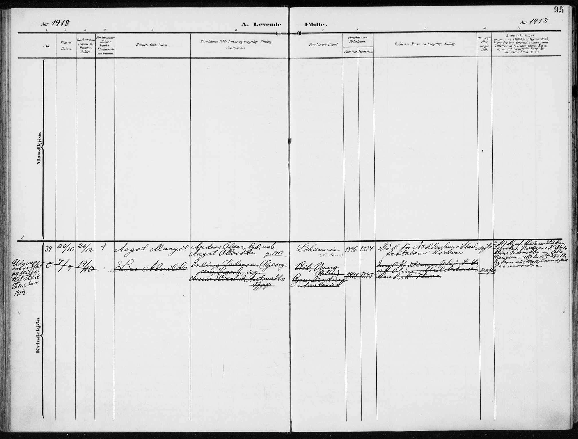 Stange prestekontor, AV/SAH-PREST-002/K/L0024: Parish register (official) no. 24, 1906-1922, p. 95