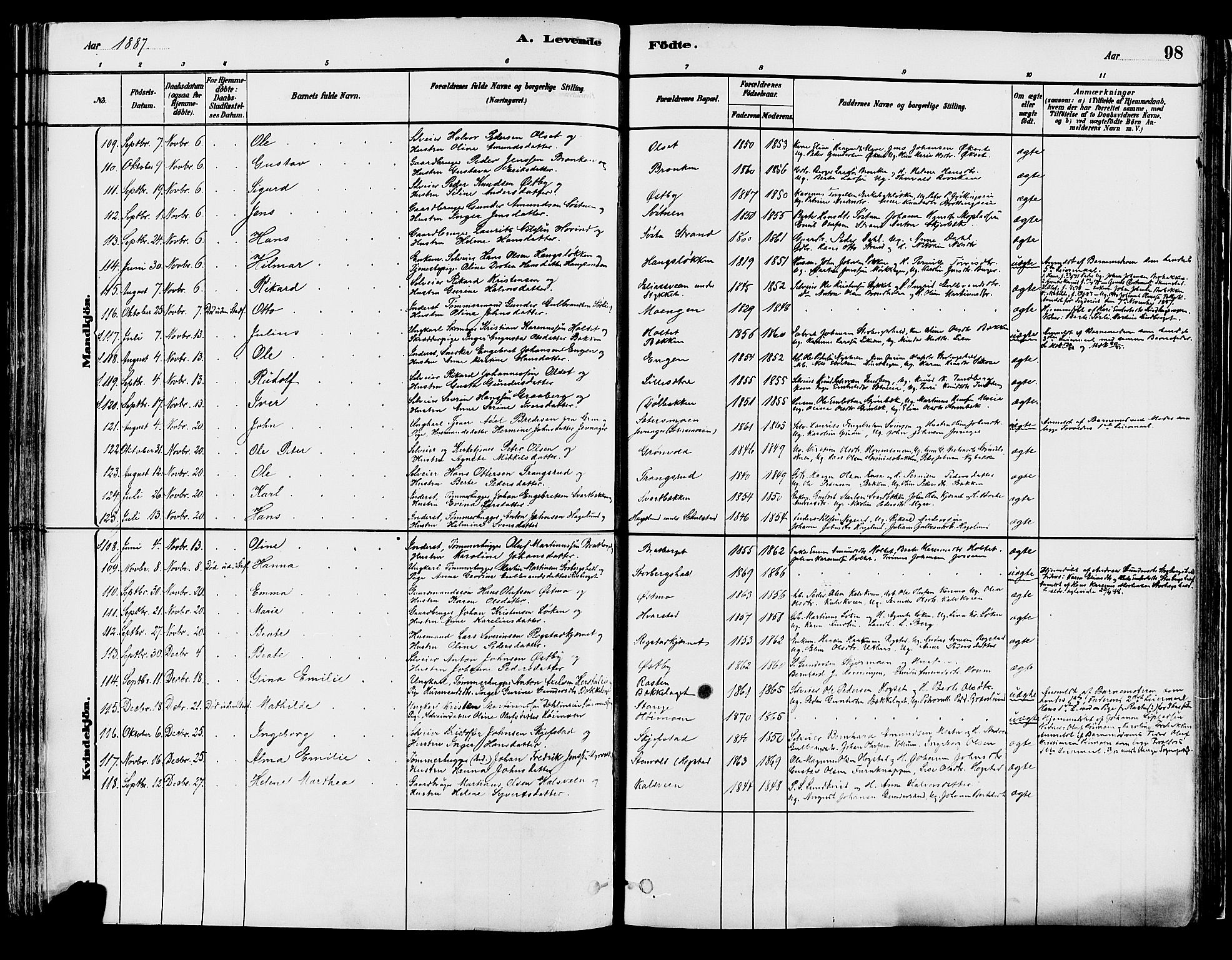 Elverum prestekontor, AV/SAH-PREST-044/H/Ha/Haa/L0013: Parish register (official) no. 13, 1880-1890, p. 98