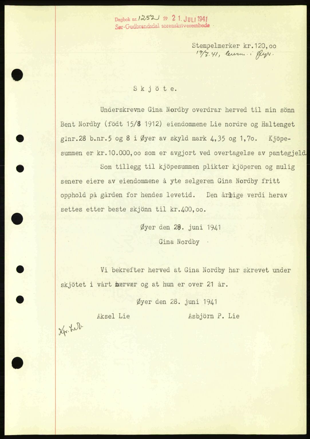 Sør-Gudbrandsdal tingrett, SAH/TING-004/H/Hb/Hbd/L0009: Mortgage book no. A9, 1941-1941, Diary no: : 1252/1941