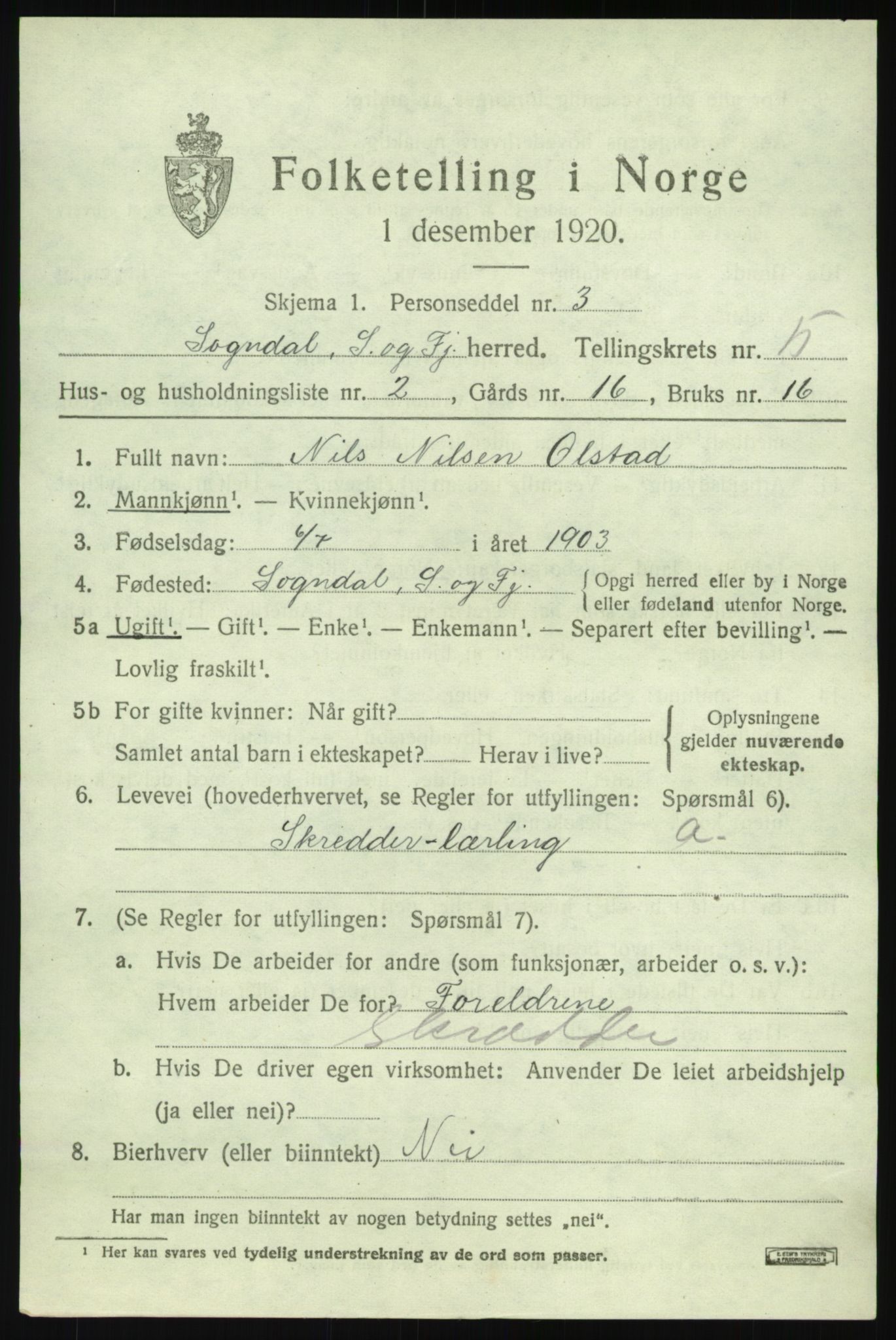 SAB, 1920 census for Sogndal, 1920, p. 2651