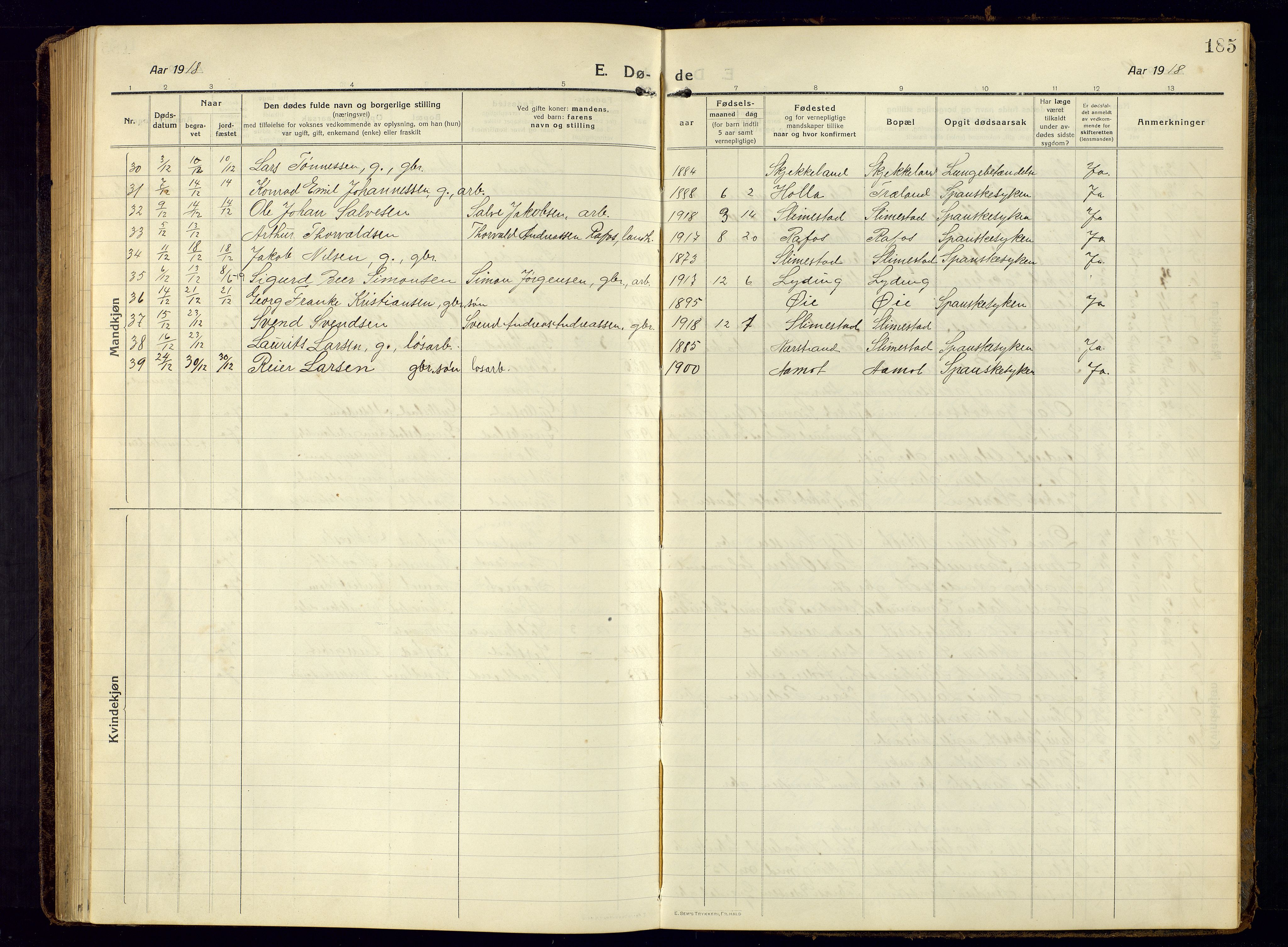 Kvinesdal sokneprestkontor, AV/SAK-1111-0026/F/Fb/Fbb/L0004: Parish register (copy) no. B 4, 1917-1938, p. 185