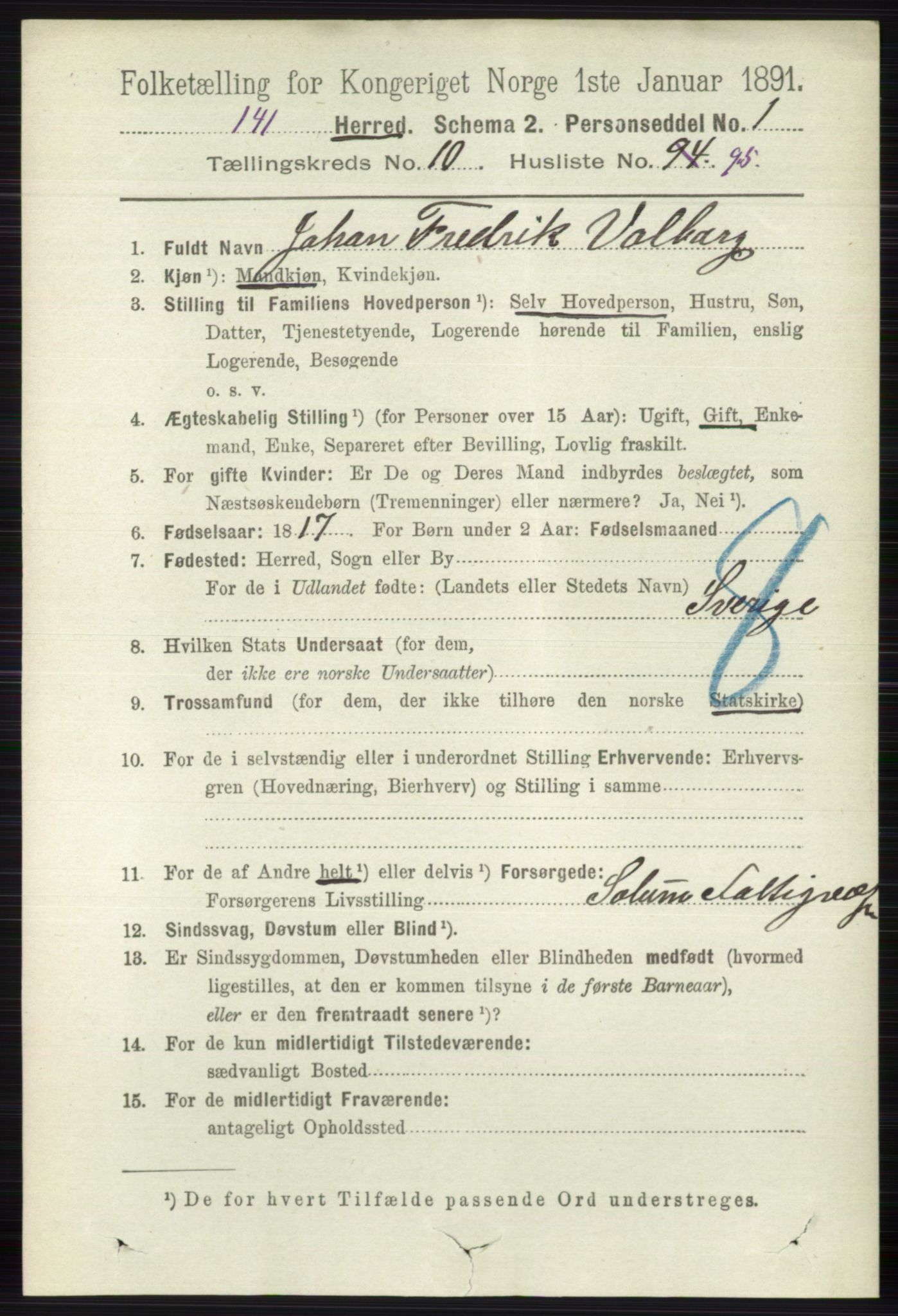 RA, 1891 census for 0818 Solum, 1891, p. 5229