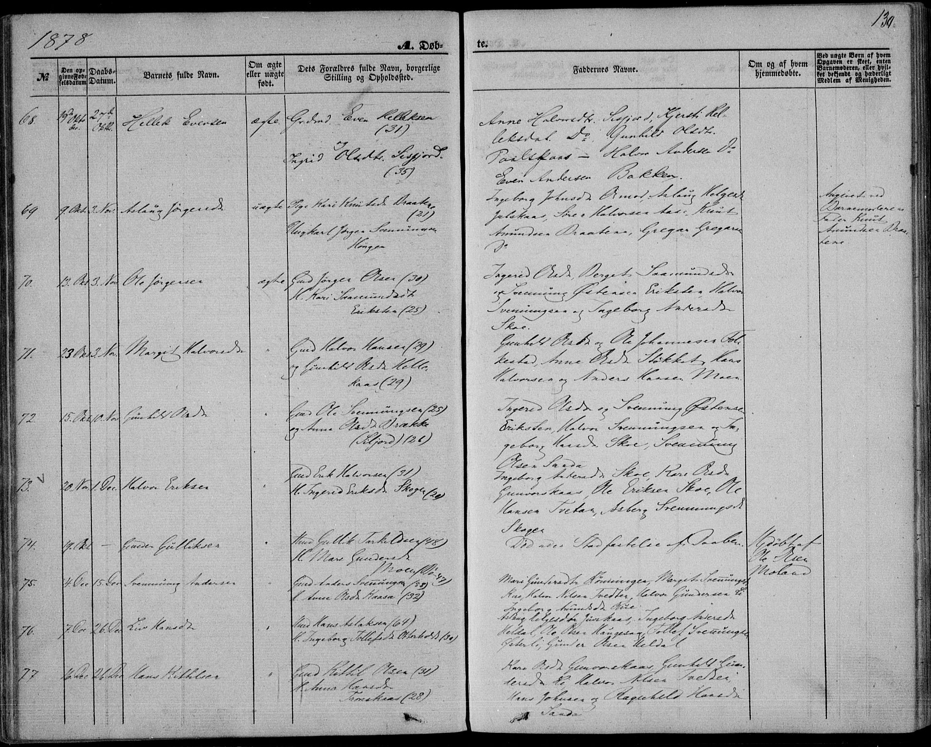 Bø kirkebøker, SAKO/A-257/F/Fa/L0009: Parish register (official) no. 9, 1862-1879, p. 130