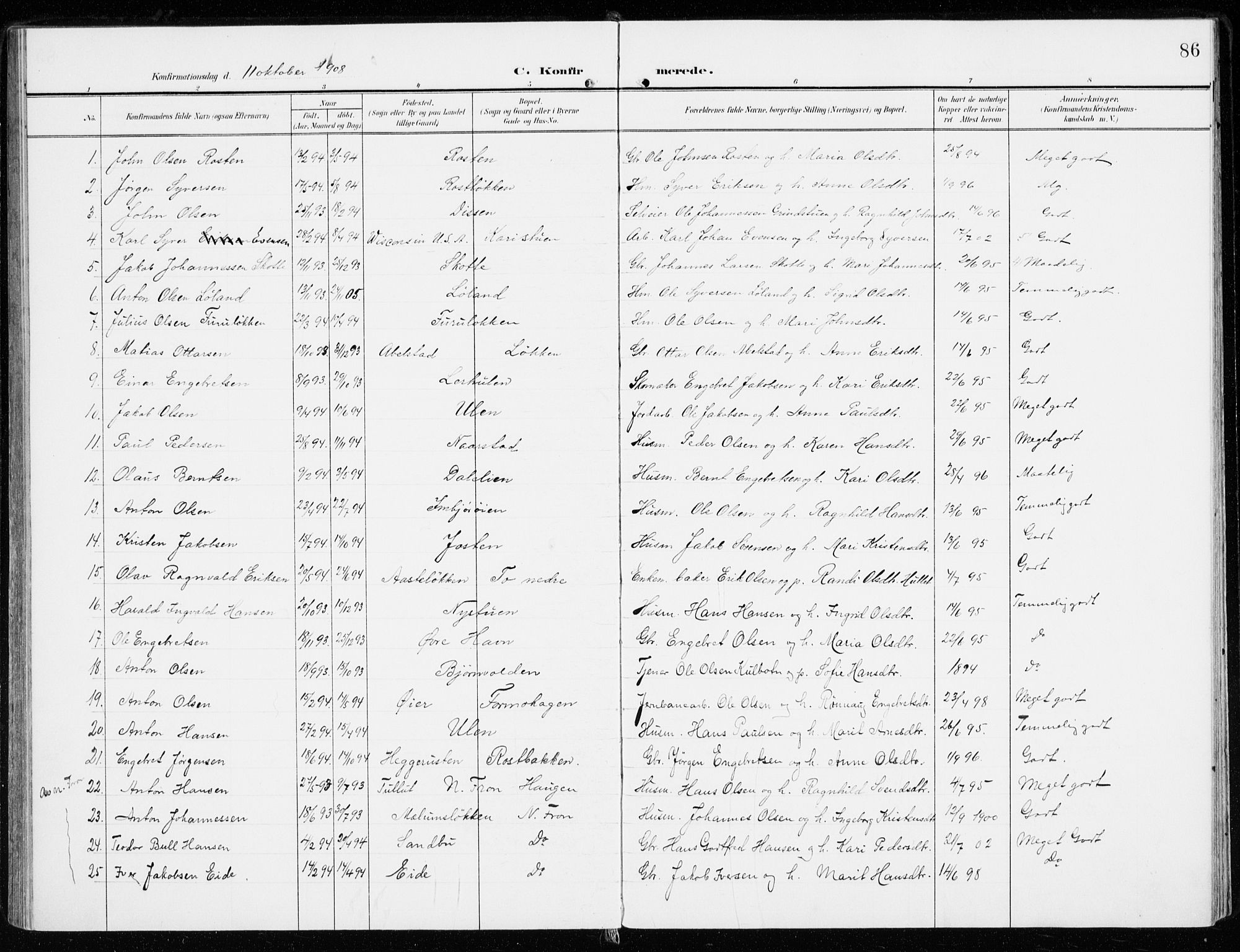 Sel prestekontor, SAH/PREST-074/H/Ha/Haa/L0002: Parish register (official) no. 2, 1905-1919, p. 86