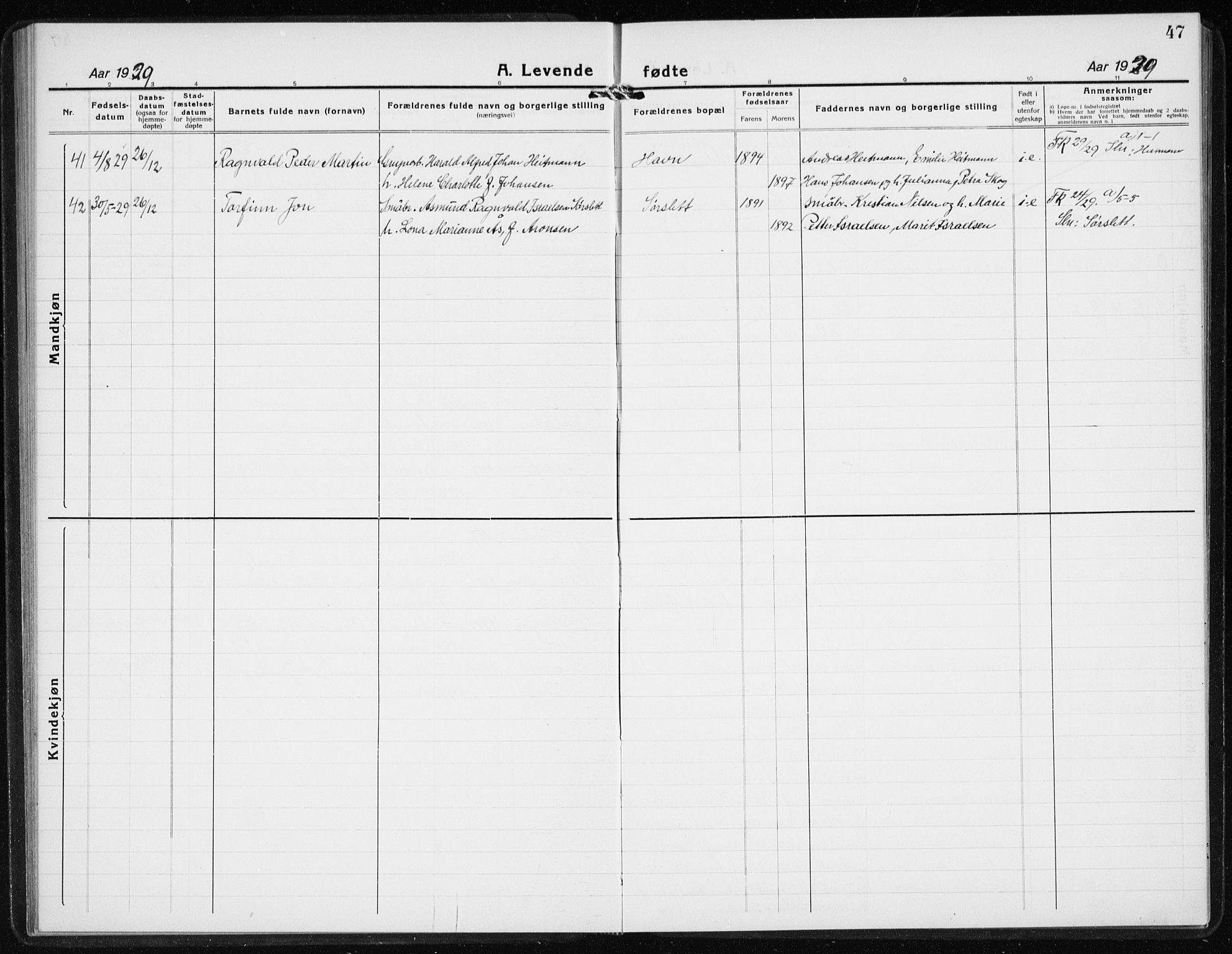 Ministerialprotokoller, klokkerbøker og fødselsregistre - Nordland, AV/SAT-A-1459/869/L0975: Parish register (copy) no. 869C01, 1923-1939, p. 47
