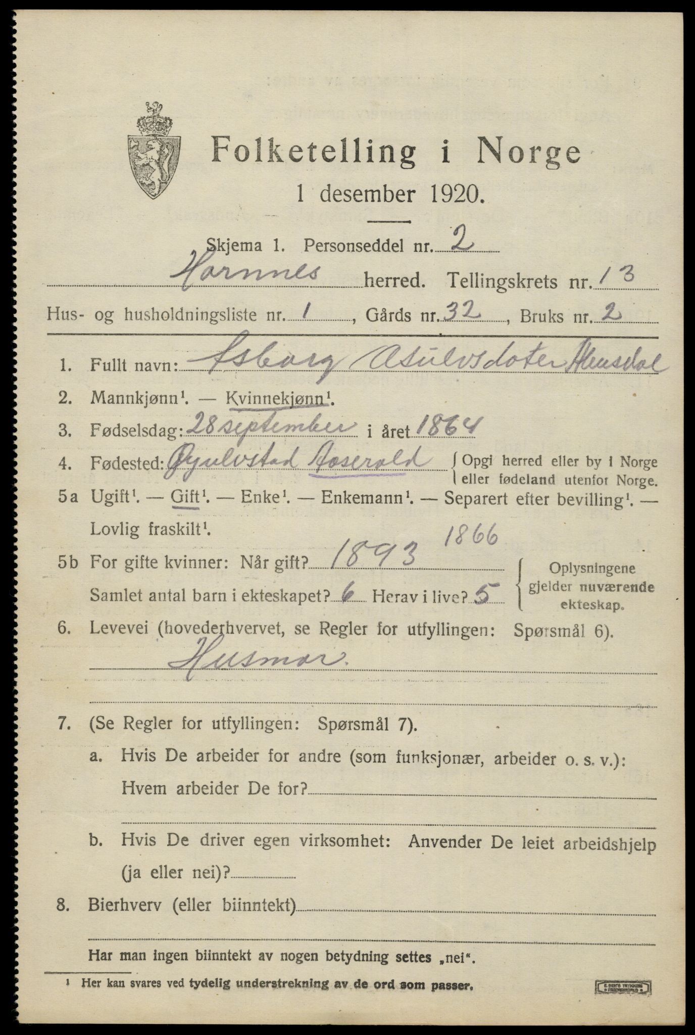 SAK, 1920 census for Hornnes, 1920, p. 3051