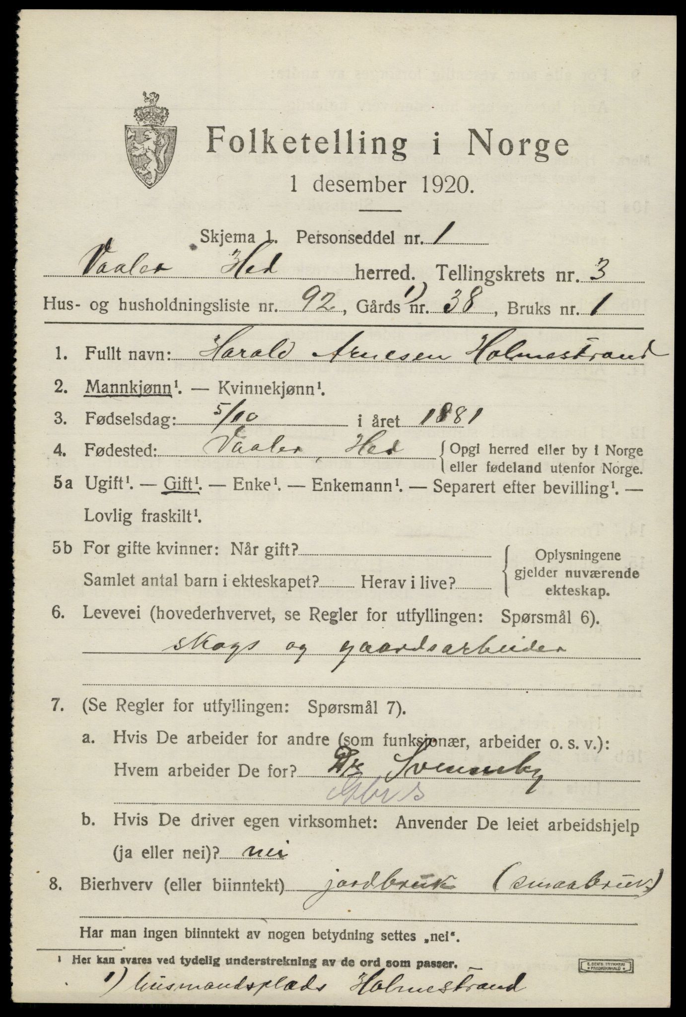 SAH, 1920 census for Våler (Hedmark), 1920, p. 4381