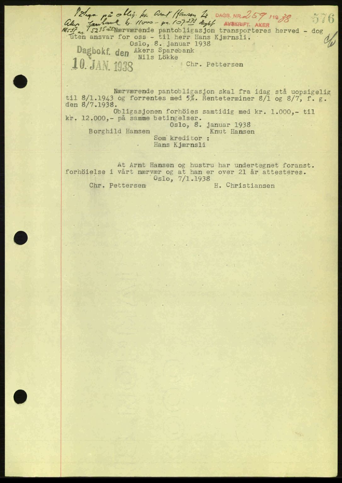 Aker herredsskriveri, SAO/A-10896/G/Gb/Gba/Gbac/L0005: Mortgage book no. B151-152, 1937-1938, Diary no: : 259/1938
