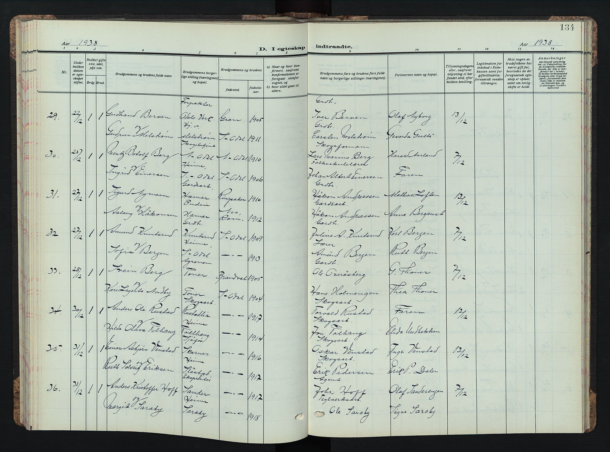 Sør-Odal prestekontor, SAH/PREST-030/H/Ha/Hab/L0013: Parish register (copy) no. 13, 1933-1951, p. 134