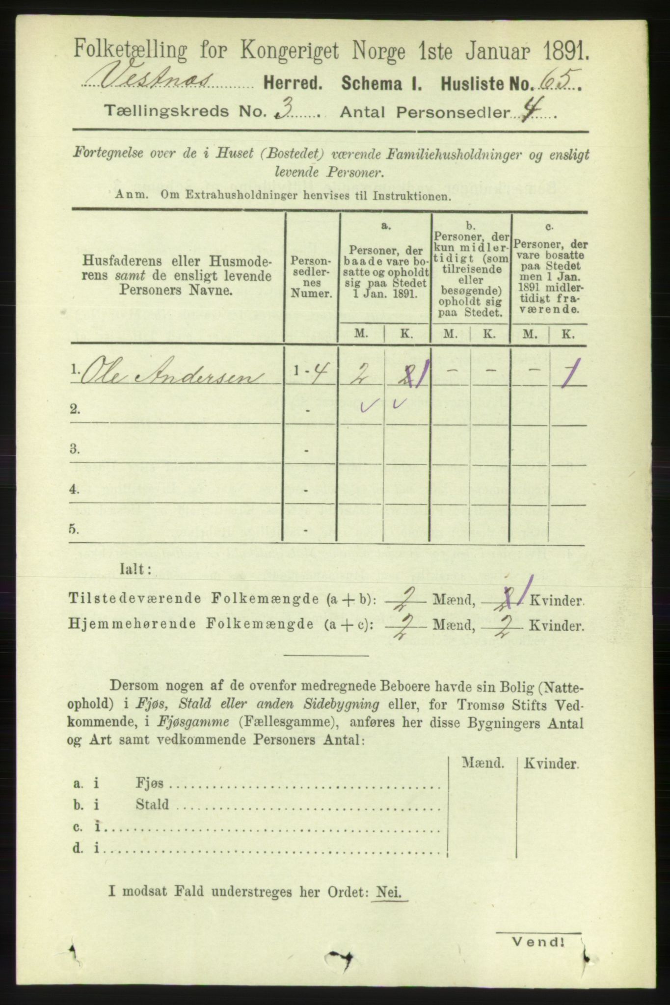 RA, 1891 census for 1535 Vestnes, 1891, p. 872