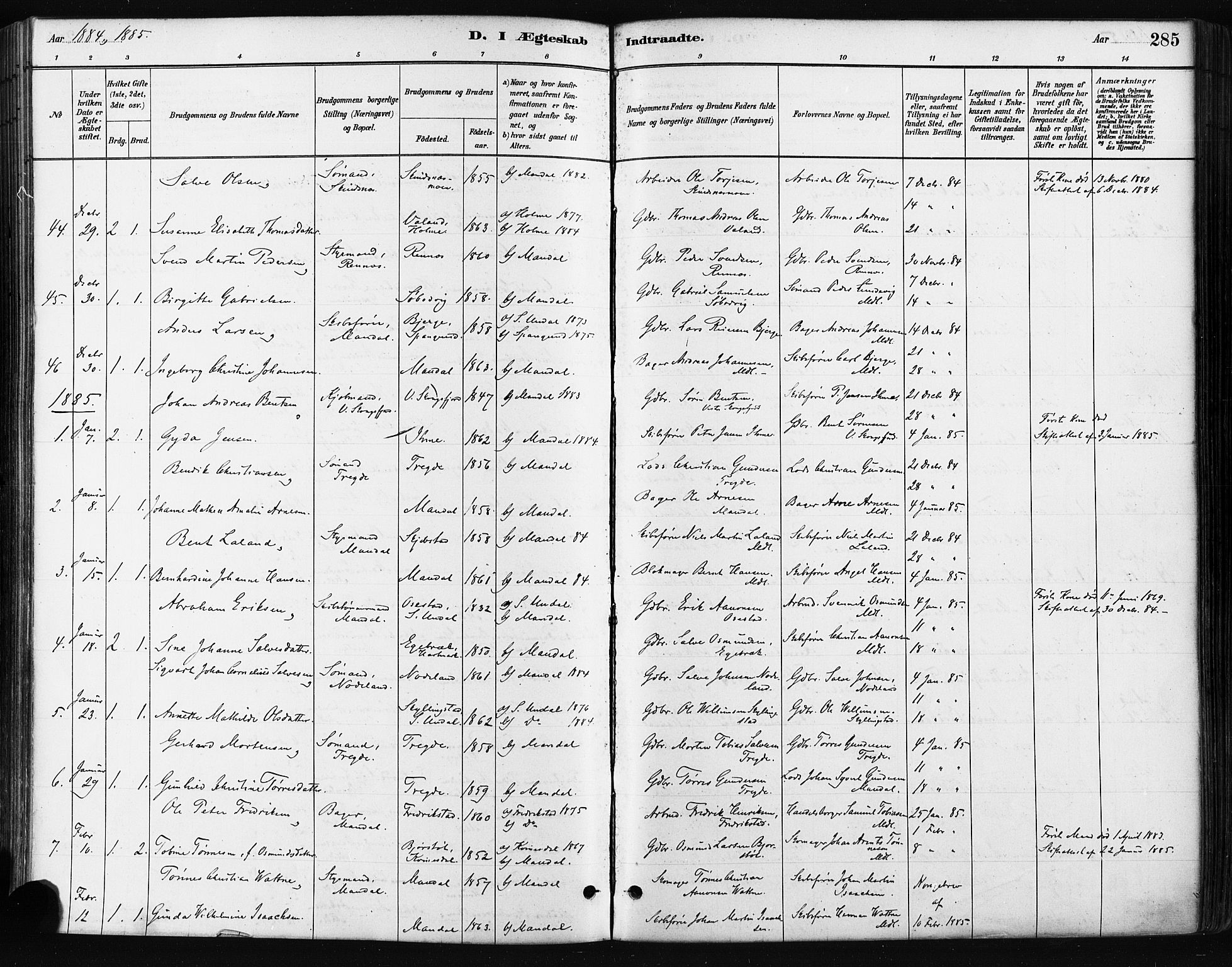Mandal sokneprestkontor, SAK/1111-0030/F/Fa/Faa/L0016: Parish register (official) no. A 16, 1880-1890, p. 285
