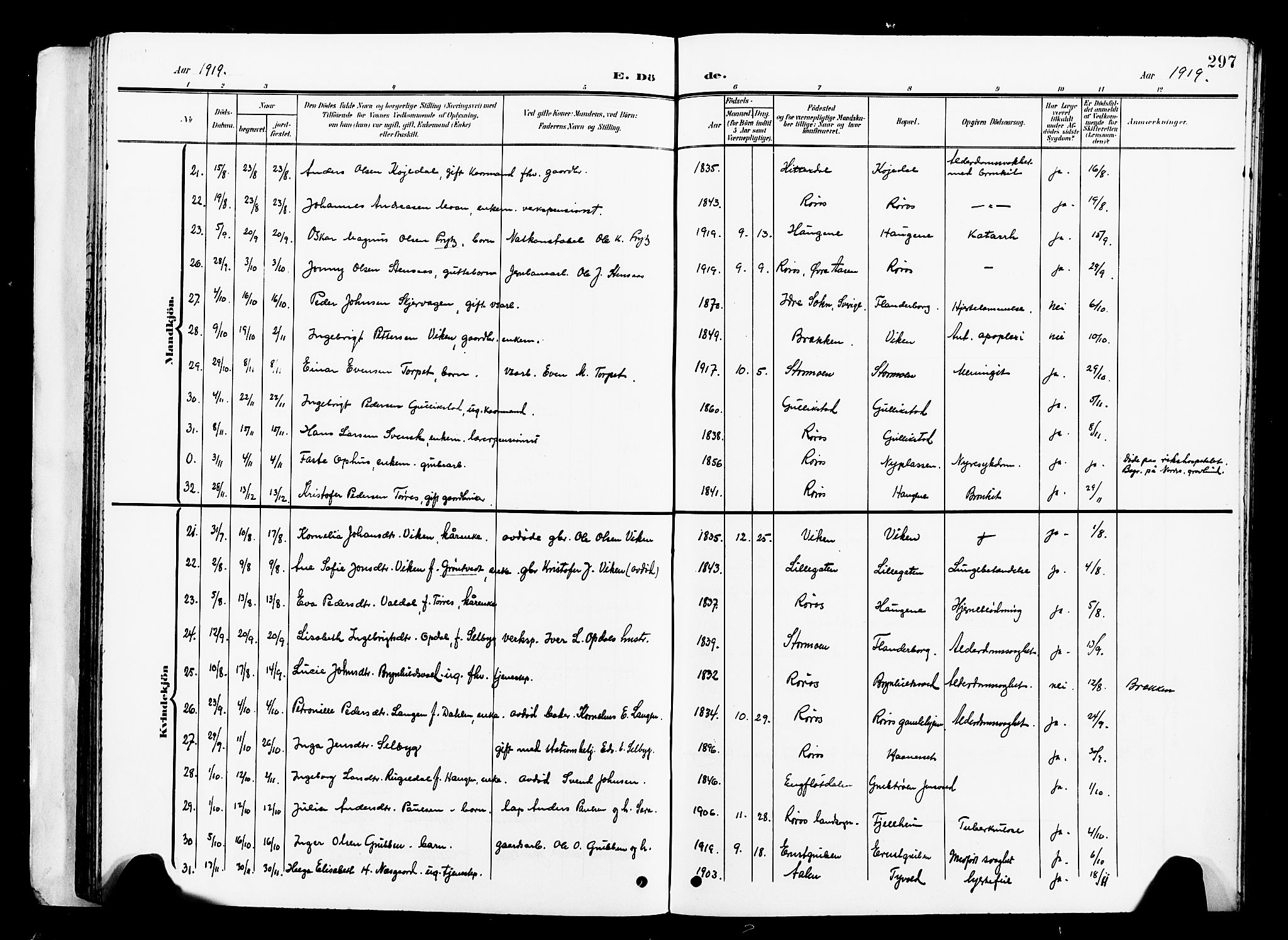 Ministerialprotokoller, klokkerbøker og fødselsregistre - Sør-Trøndelag, AV/SAT-A-1456/681/L0942: Parish register (copy) no. 681C06, 1906-1925, p. 297