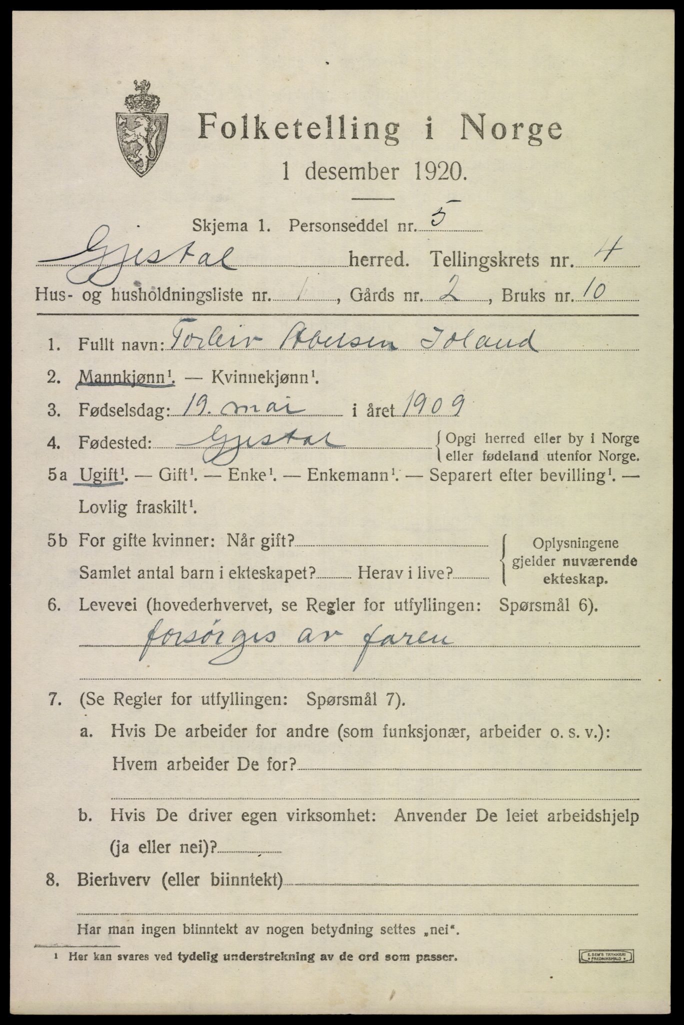 SAST, 1920 census for Gjesdal, 1920, p. 2536