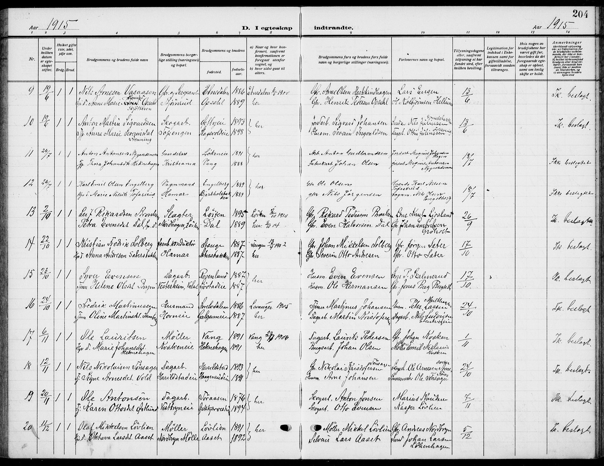 Romedal prestekontor, AV/SAH-PREST-004/K/L0012: Parish register (official) no. 12, 1913-1935, p. 204