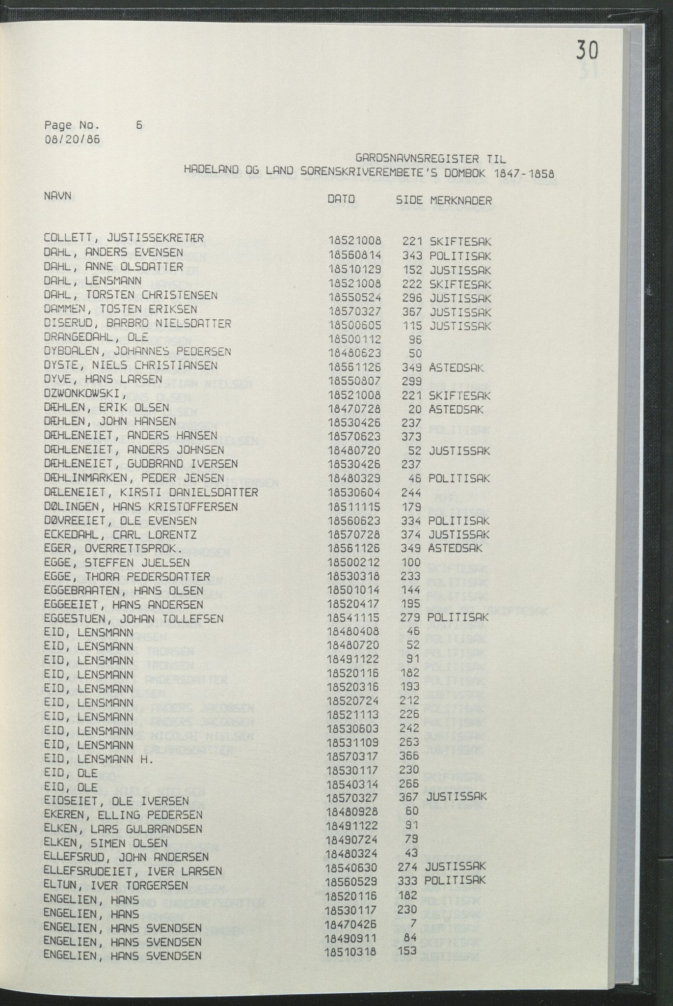 Statsarkivet i Hamar, AV/SAH-SAH-001/H/Hb/L0001/0004: Egne registre og hjelpemidler / Register  til Hadeland og Land sorenskriveri dombok 1 (1847 - 1858), 1847-1858, p. 30