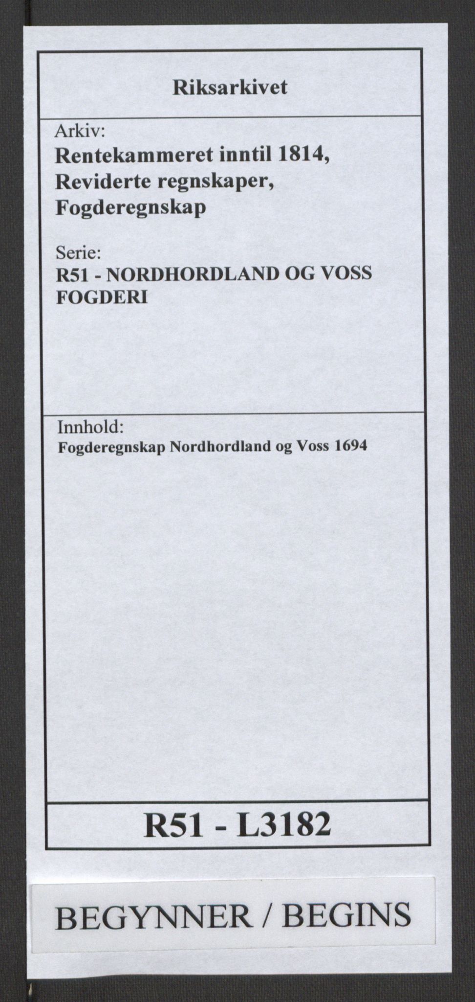 Rentekammeret inntil 1814, Reviderte regnskaper, Fogderegnskap, RA/EA-4092/R51/L3182: Fogderegnskap Nordhordland og Voss, 1694, p. 1