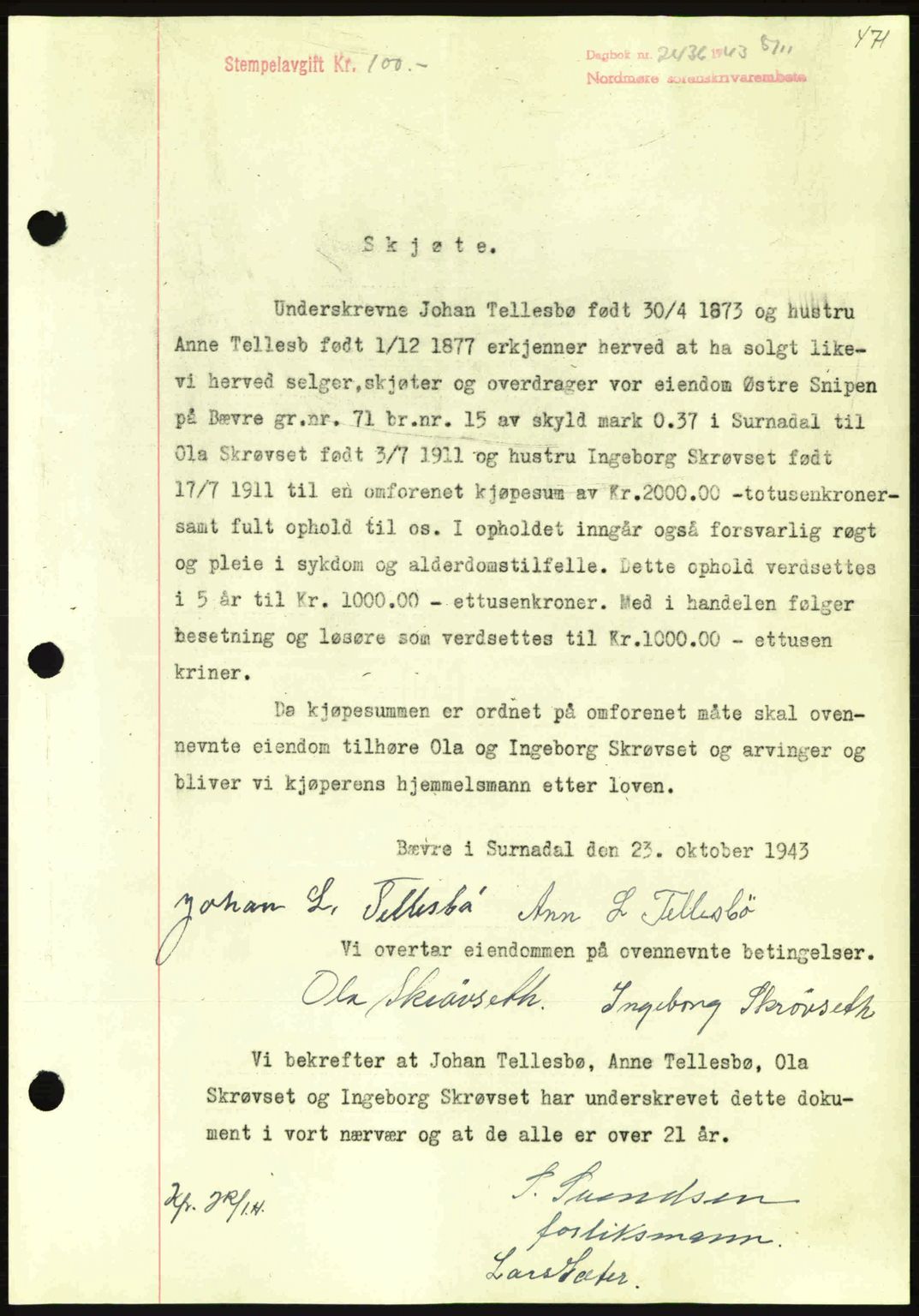 Nordmøre sorenskriveri, SAT/A-4132/1/2/2Ca: Mortgage book no. A96, 1943-1944, Diary no: : 2436/1943