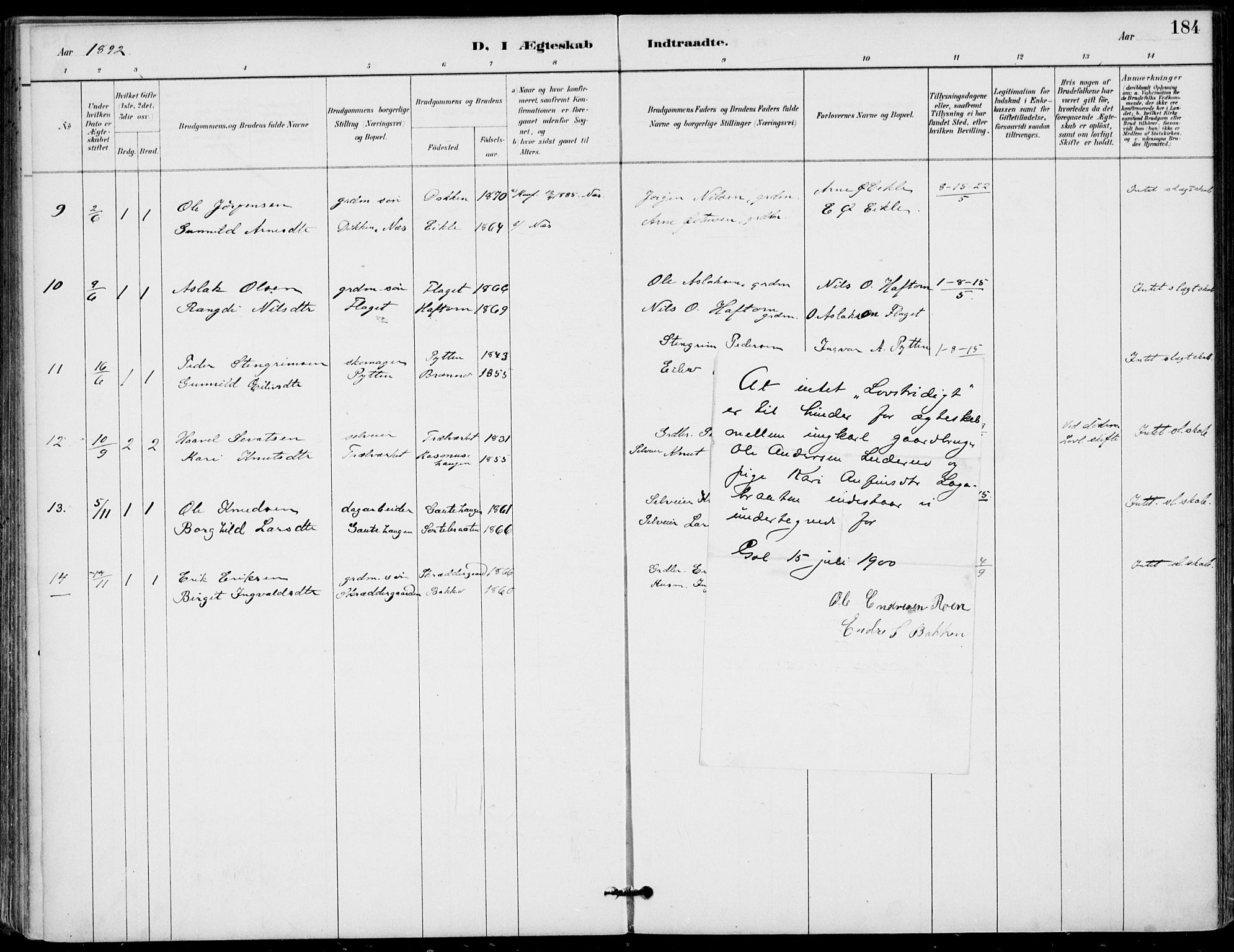 Gol kirkebøker, AV/SAKO-A-226/F/Fa/L0005: Parish register (official) no. I 5, 1887-1900, p. 184