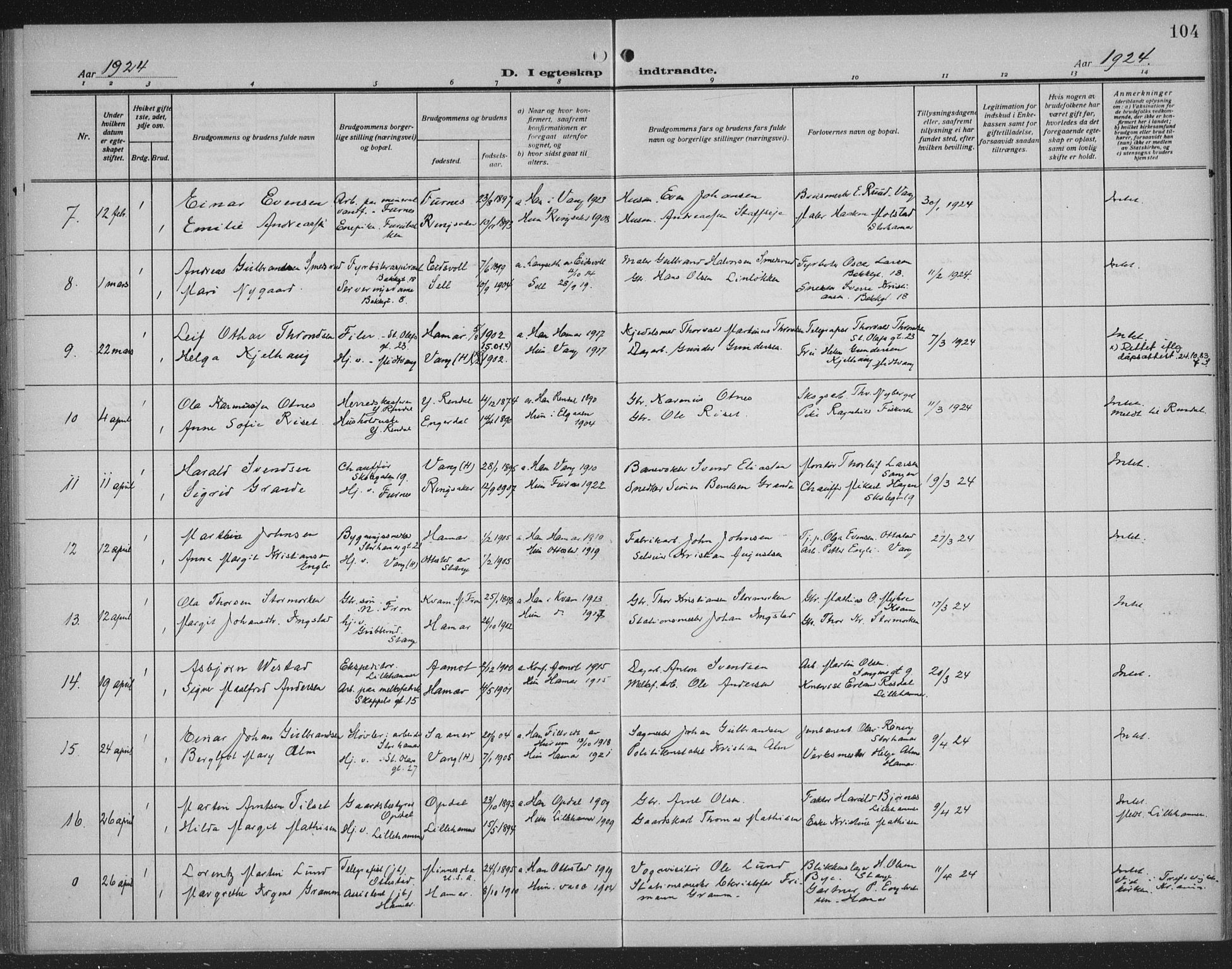 Hamar prestekontor, SAH/DOMPH-002/H/Ha/Haa/L0003: Parish register (official) no. 3, 1913-1930, p. 104