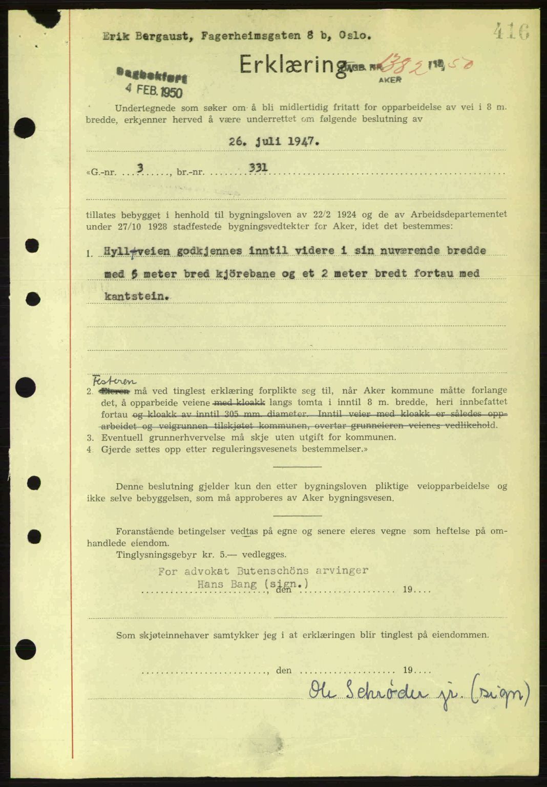Oslo byskriverembete, AV/SAO-A-10227/G/Gb/Gbd/Gbda/L0017: Mortgage book no. A215, 1949-1950, Diary no: : 1382/1950