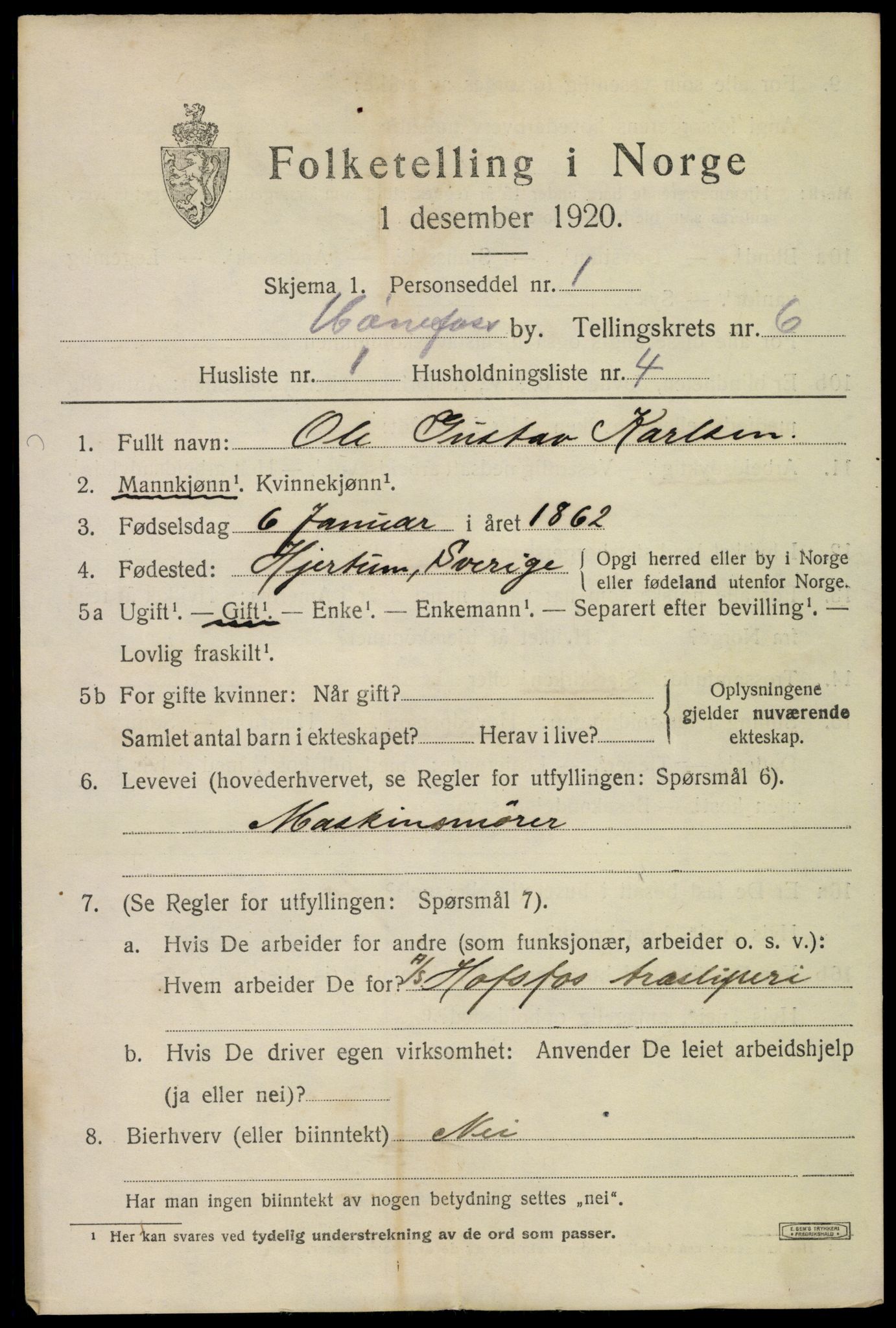 SAKO, 1920 census for Hønefoss, 1920, p. 6992