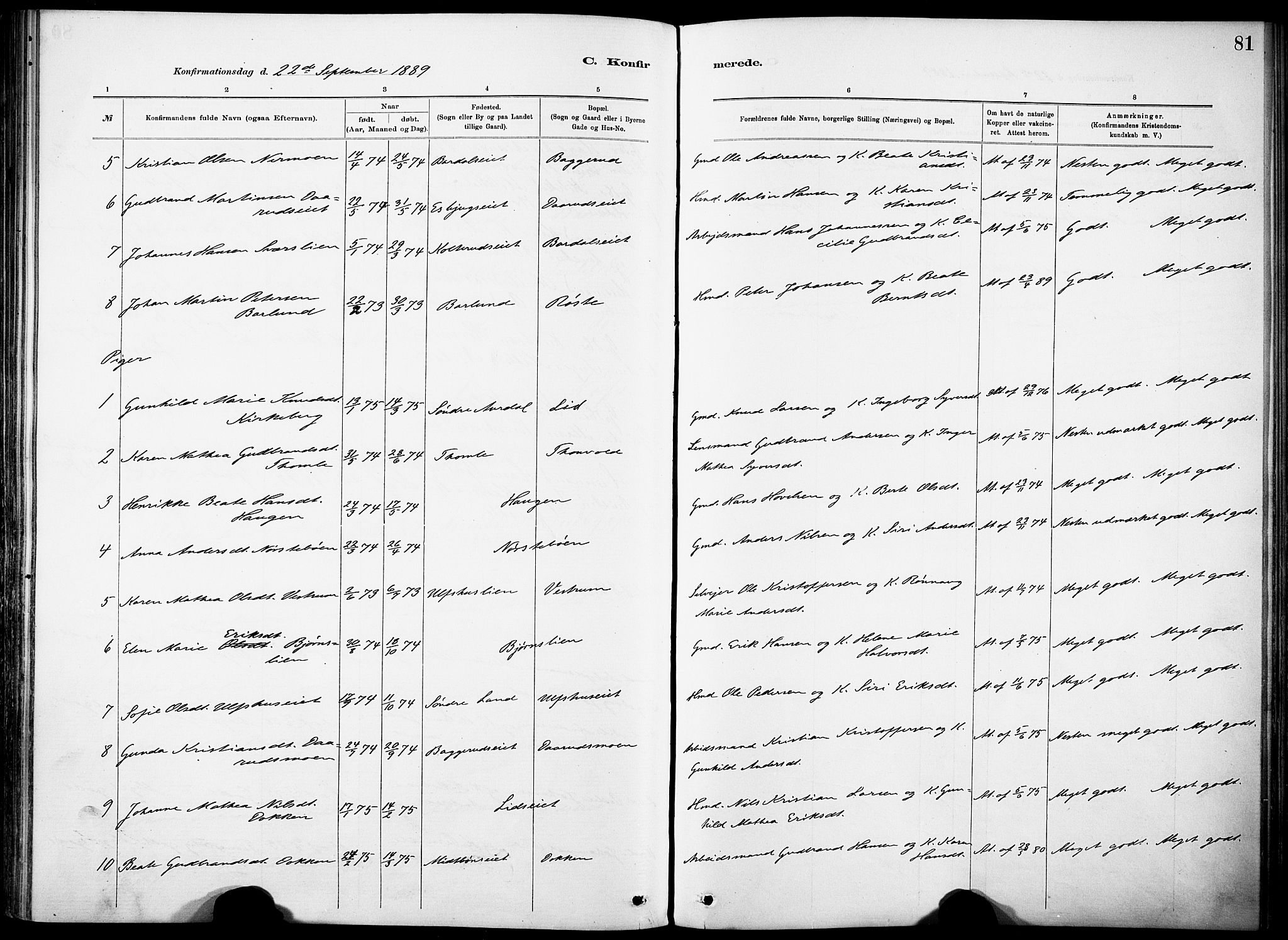 Nordre Land prestekontor, AV/SAH-PREST-124/H/Ha/Haa/L0005: Parish register (official) no. 5, 1882-1903, p. 81