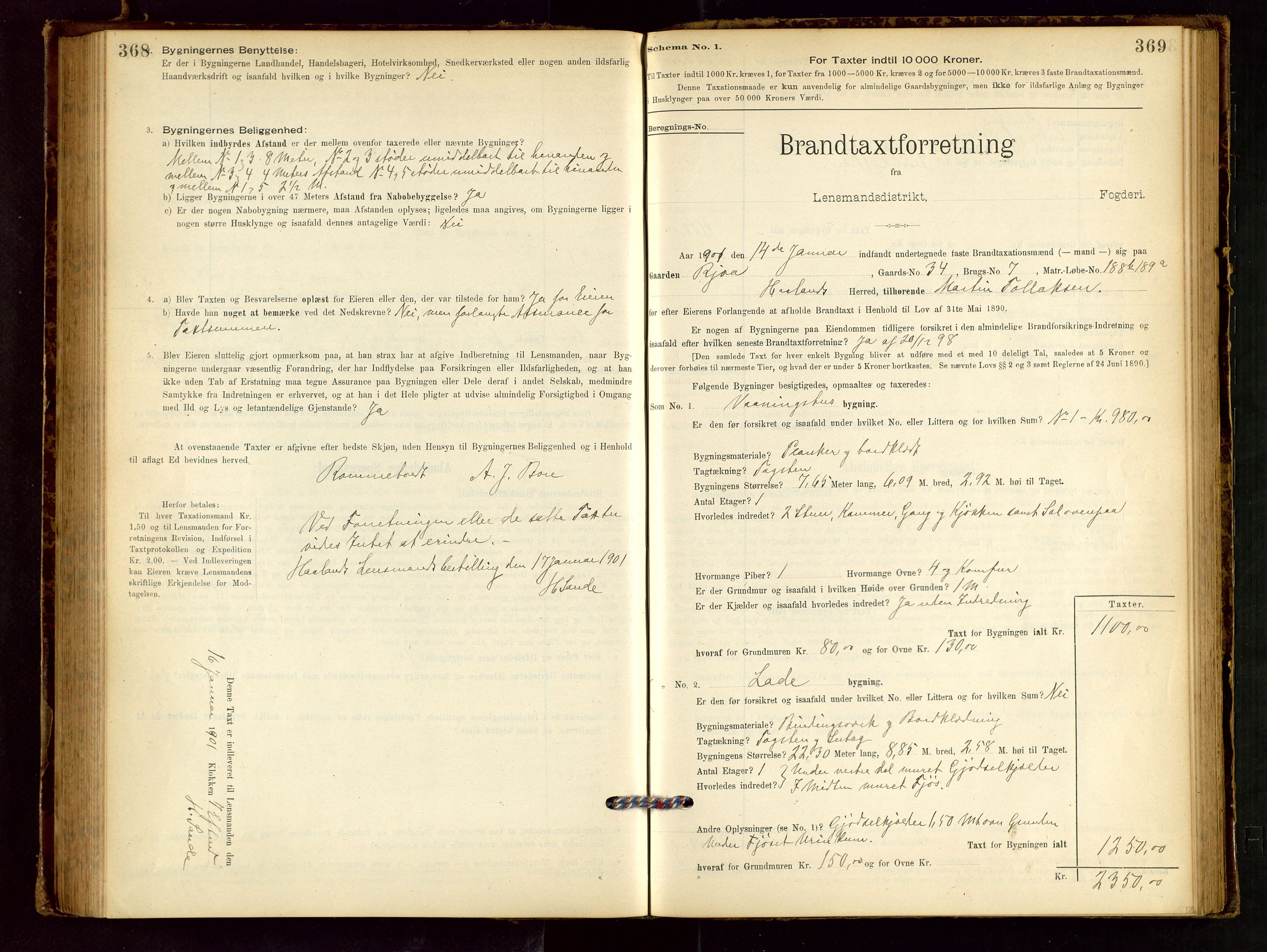 Håland lensmannskontor, SAST/A-100100/Gob/L0001: Branntakstprotokoll - skjematakst. Register i boken., 1894-1902, p. 368-369