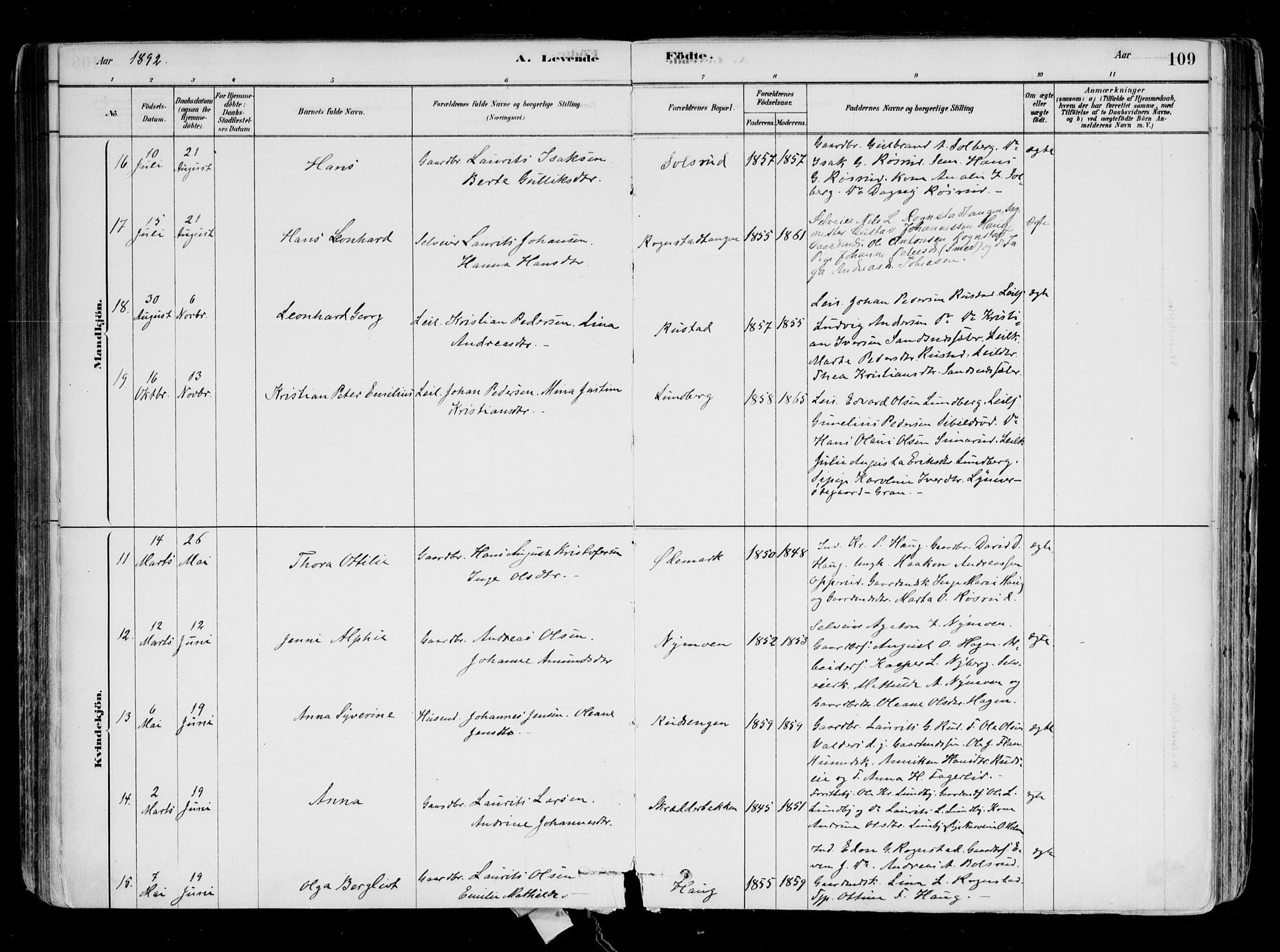 Hurdal prestekontor Kirkebøker, AV/SAO-A-10889/F/Fa/L0007: Parish register (official) no. I 7, 1878-1906, p. 109