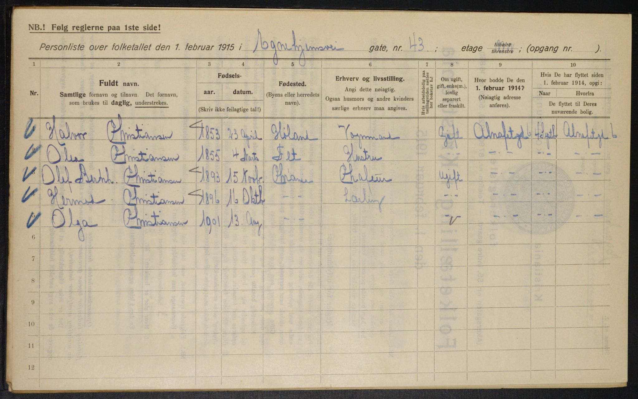 OBA, Municipal Census 1915 for Kristiania, 1915, p. 18525