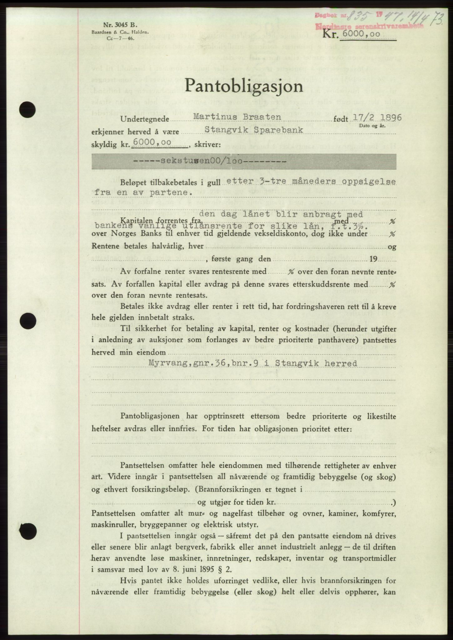 Nordmøre sorenskriveri, AV/SAT-A-4132/1/2/2Ca: Mortgage book no. B96, 1947-1947, Diary no: : 835/1947