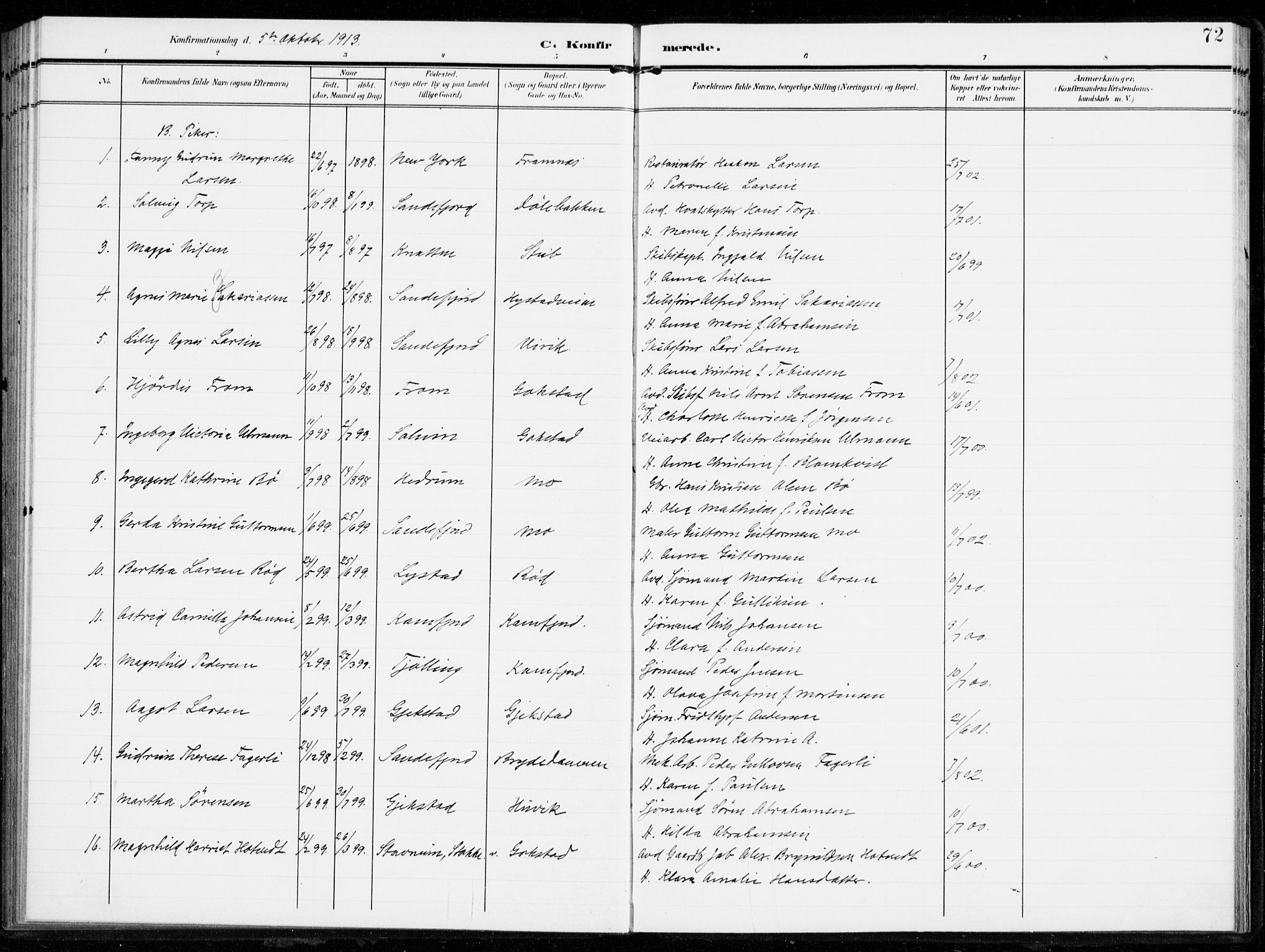 Sandar kirkebøker, AV/SAKO-A-243/F/Fa/L0017: Parish register (official) no. 17, 1907-1917, p. 72