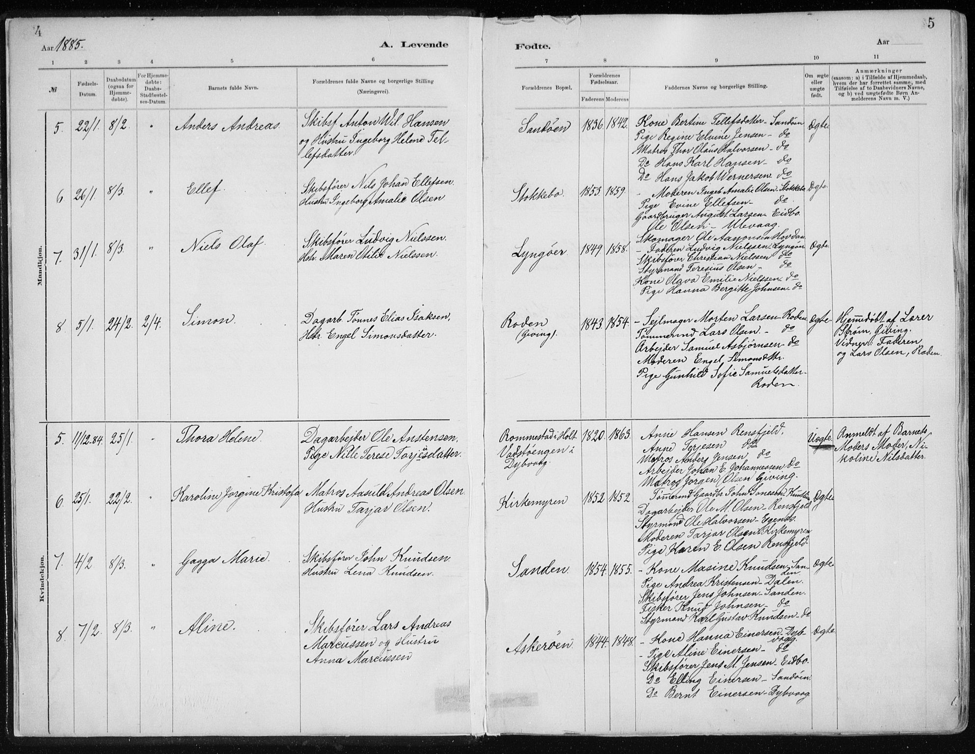 Dypvåg sokneprestkontor, SAK/1111-0007/F/Fa/Faa/L0008: Parish register (official) no. A 8, 1885-1906, p. 4-5