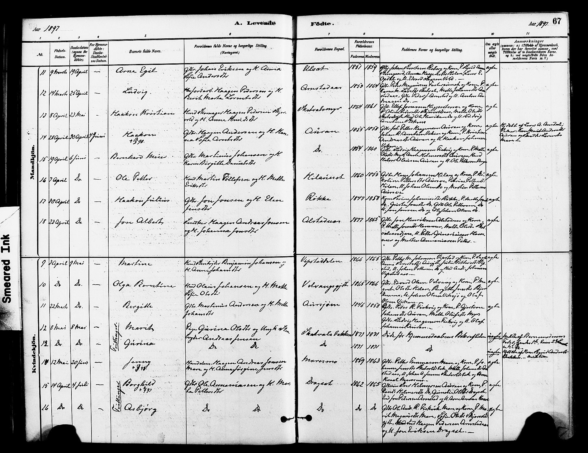 Ministerialprotokoller, klokkerbøker og fødselsregistre - Nord-Trøndelag, AV/SAT-A-1458/712/L0100: Parish register (official) no. 712A01, 1880-1900, p. 67